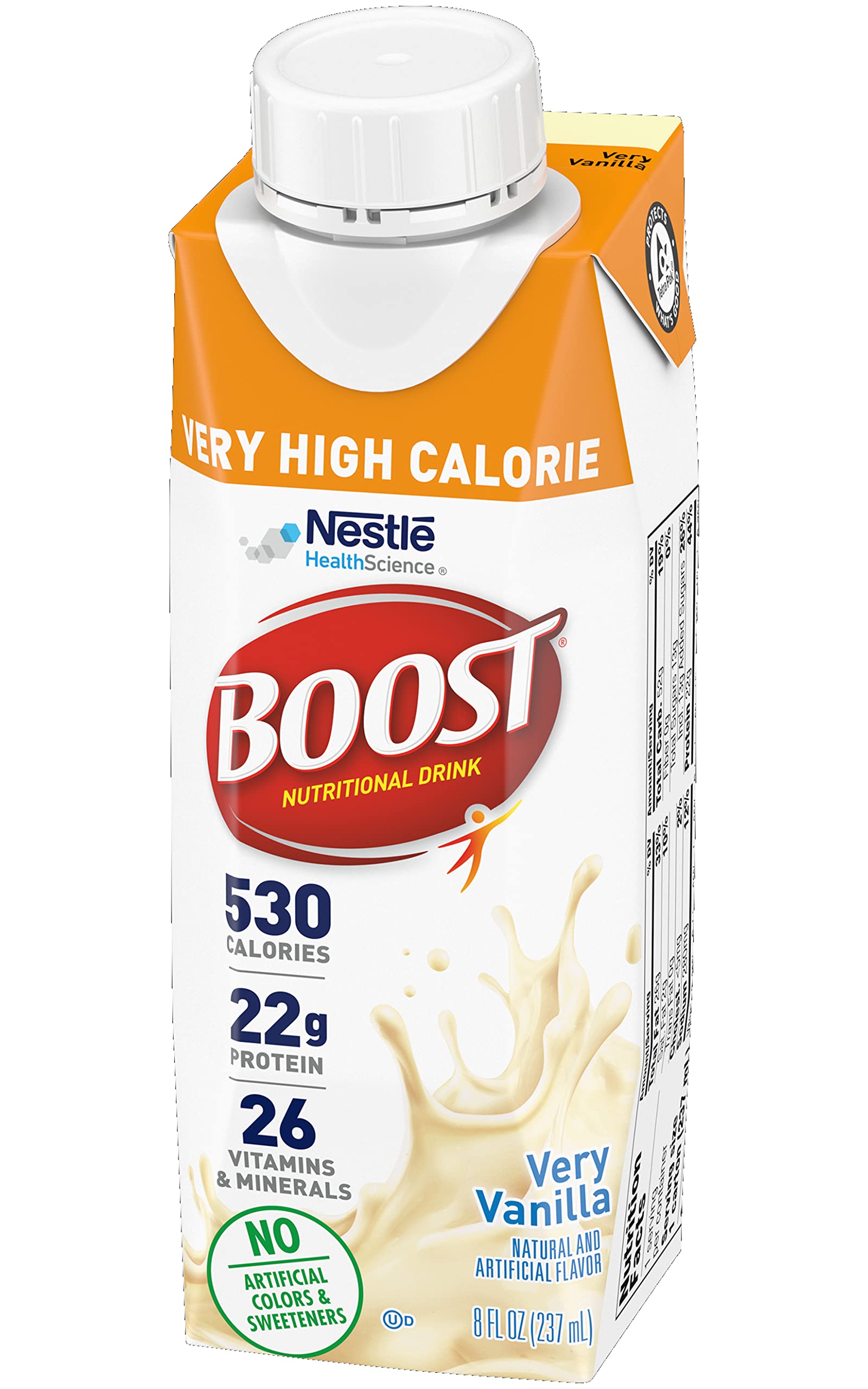 Boost Very High Calorie Nutritional Drink Very Vanilla, Made with Natural Vanilla Flavor & No Artificial Flavors, Colors & Sweeteners, 8 FL OZ (Pack of 12)