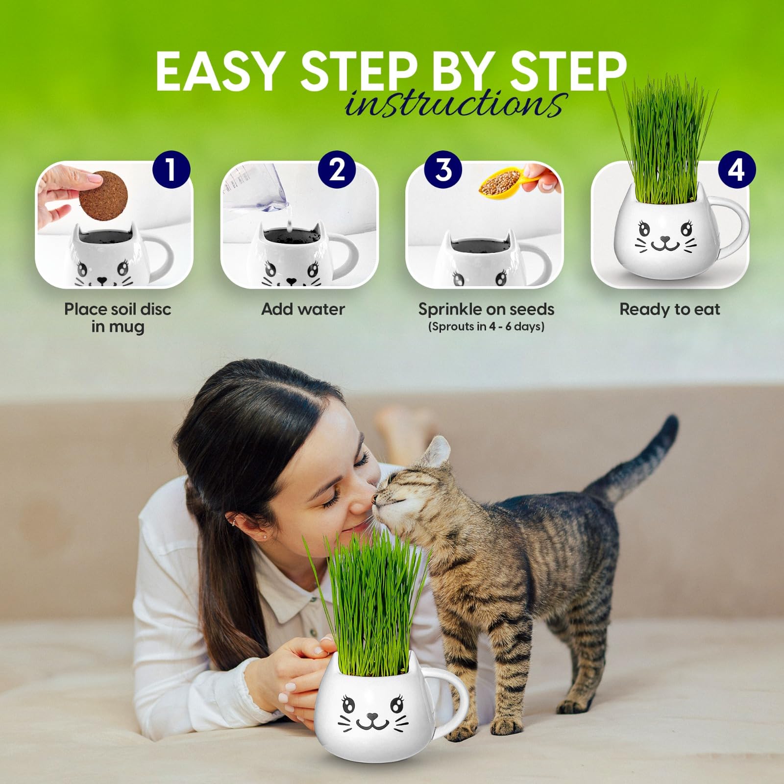 Organic Cat Grass Growing Kit - Promotes Natural Hairball Control and Digestive Wellness - Includes Organic Seed Mix, Nutrient-Rich Soil, and Stylish White Cat Planter