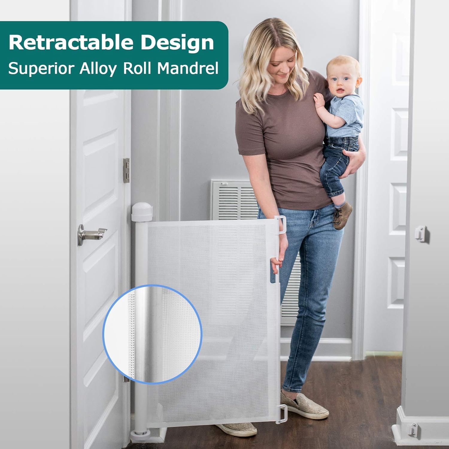 YOOFOR Retractable Baby Gate, Extra Wide Safety Kids or Pets Gate, 33” Tall, Extends to 55” Wide, Mesh Safety Dog Gate for Stairs, Indoor, Outdoor, Doorways, Hallways (White, 33"x55")