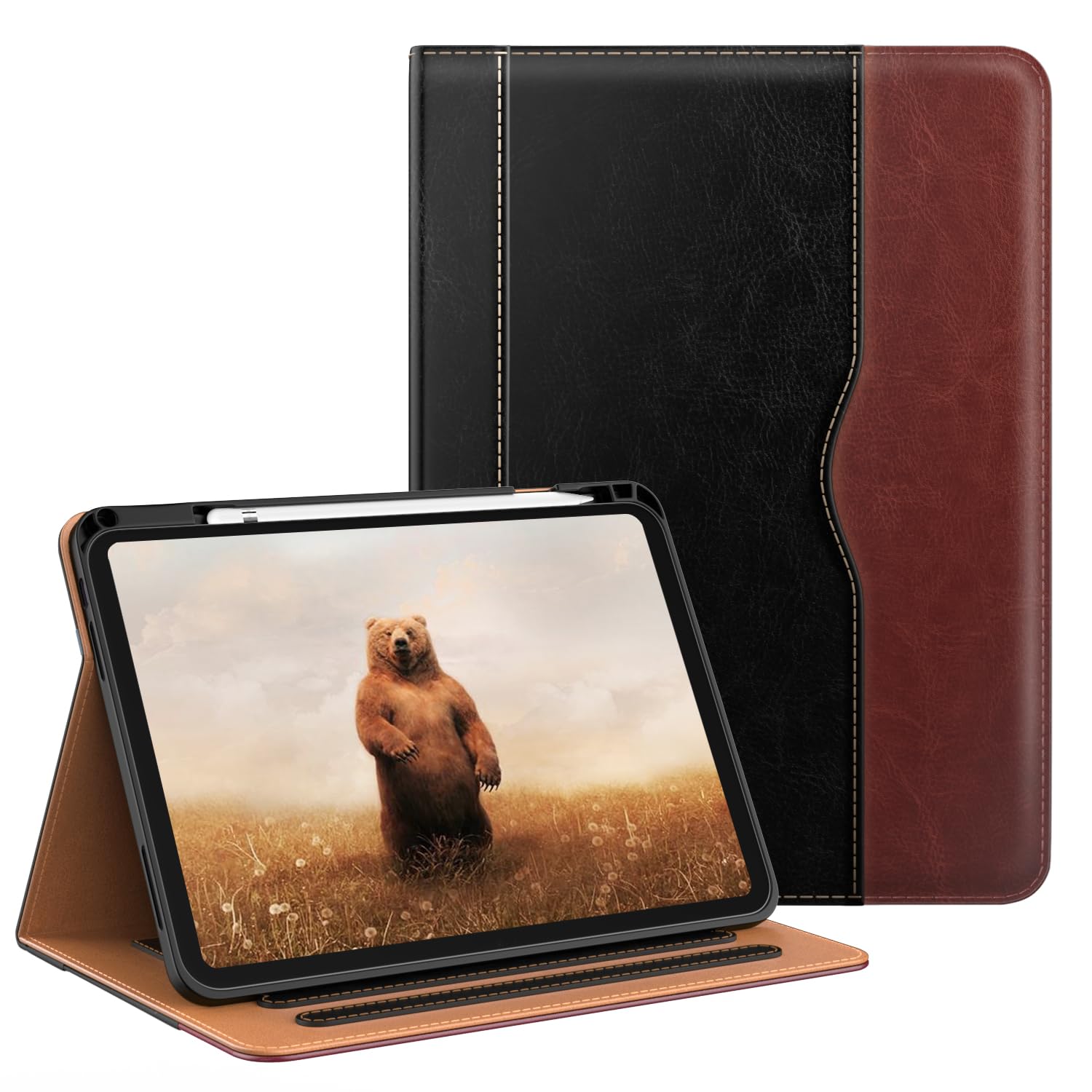 OKP Case for iPad 10th Generation 2022, 10.9 inch ipad 10th case with Multi-Angle Viewing PU Leather Stand Cover with Pencil Holder & Pocket, Auto Sleep/Wake, Black Brown