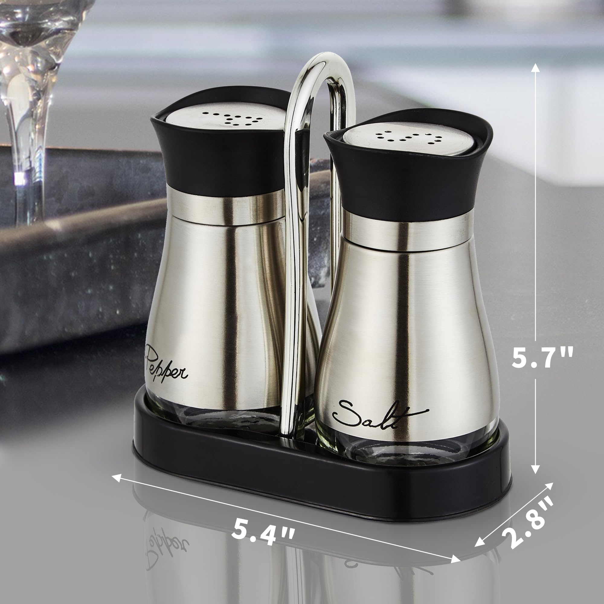 Lonffery Salt and Pepper Shakers Set, Stainless Steel Salt Containers with Glass Bottle for Table, RV, Camp, BBQ, Set of 2