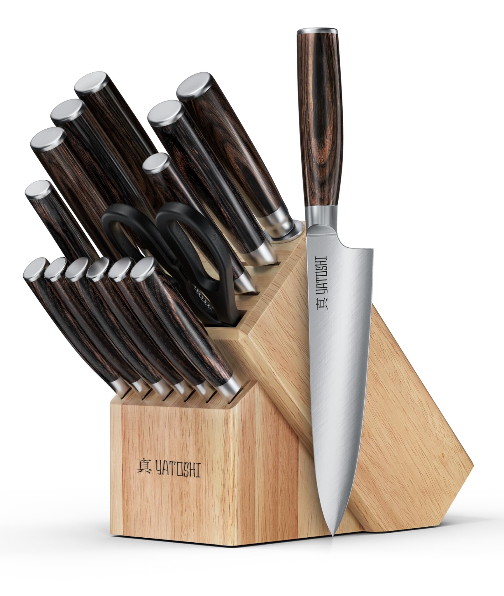 Yatoshi 15 Knife Block Set - Pro Kitchen Knife Set Ultra Sharp High Carbon Stainless Steel with Ergonomic Handle