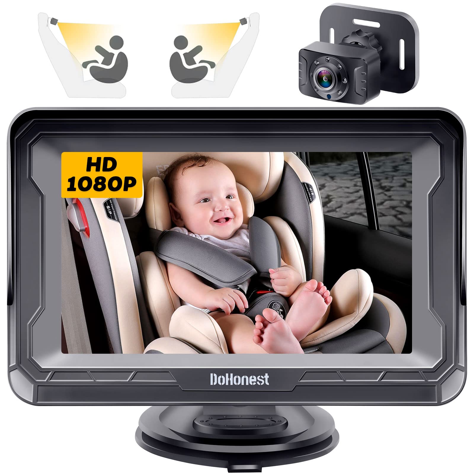 DoHonest Baby Car Camera for Backseat: HD 1080P Easy Setup Carseat Camera Rear Facing Infant - Crystal Night Vision 360° Rotating Baby Car Monitor for Kids - V33