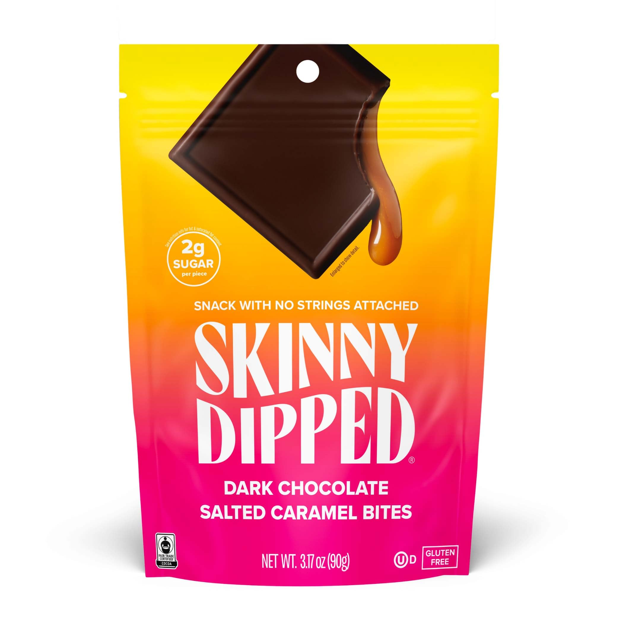 SkinnyDipped Dark Chocolate Salted Caramel Bites, 2g Sugar per Piece, Keto Friendly, No Palm Oil, Gluten Free, 4 Pack