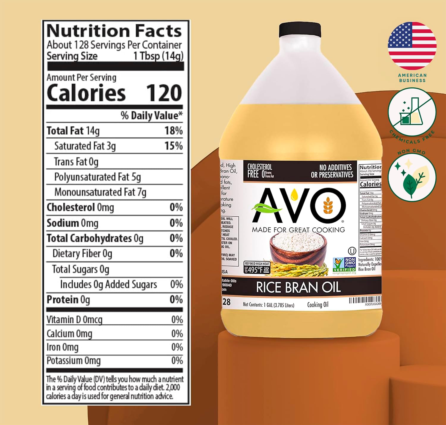 AVO NON GMO 100% Rice Bran Oil, 1 Gallon, No Preservatives Added