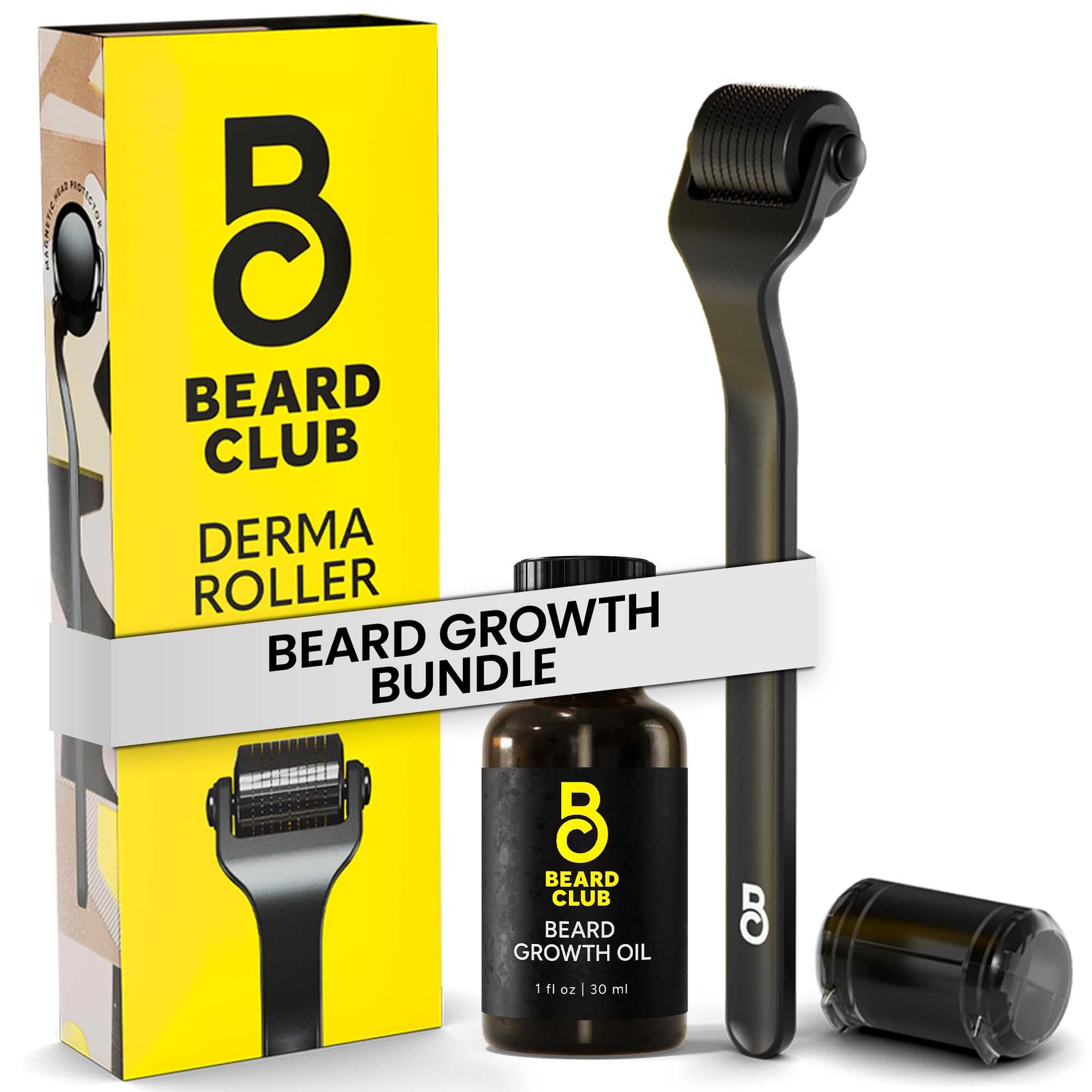 Beard Club Derma Roller & Beard Growth Oil - Microneedling Roller with 540 Titanium Microneedles for Face, Body and Scalp - Beard Roller with Sandalwood & Cedar Beard Oil