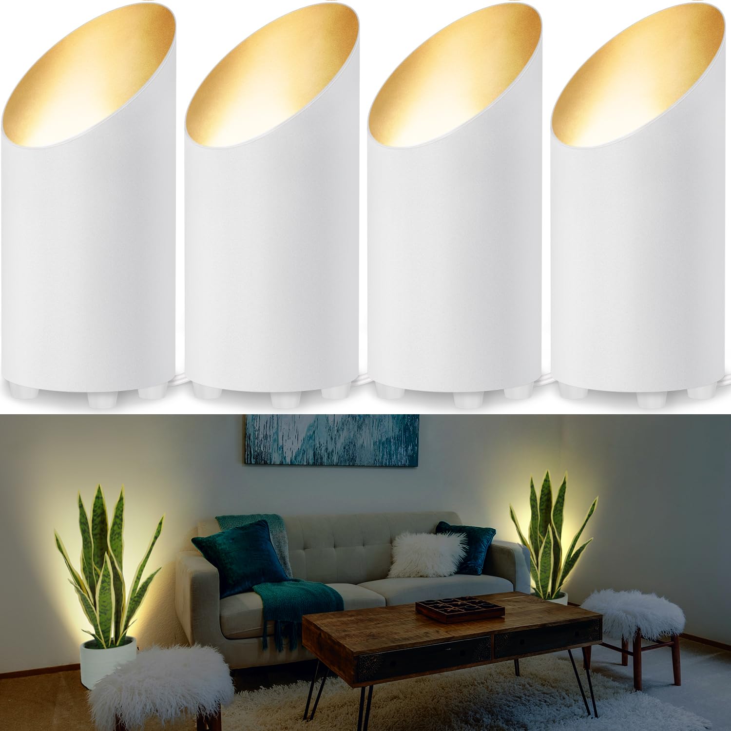 SUNVIE 4 Pack Up Lights Indoor Floor Can Light 5W Uplighting Indoor Uplights Indoor with 2700K GU10 Bulbs, Uplight for Home Plant Floor Spotlight Indoor with 5.9 FT UL Listed Plug Cord &Foot Switch