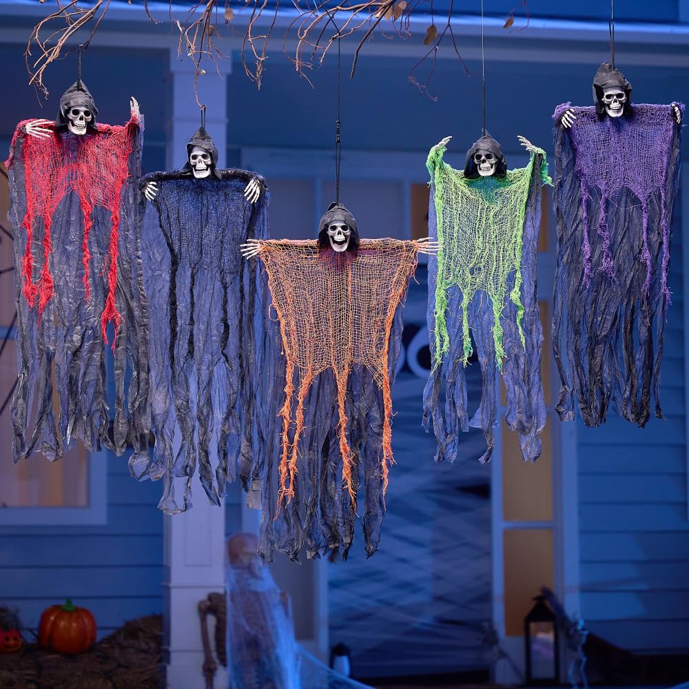 JOYIN 27.6” Halloween Decorations Outdoor Hanging Grim Reapers, 5 Pack Halloween Hanging Ghost Decoration, Halloween Skeleton Flying Ghost for Graveyard Yard Prop Décor, Halloween Outdoor Indoor Decor