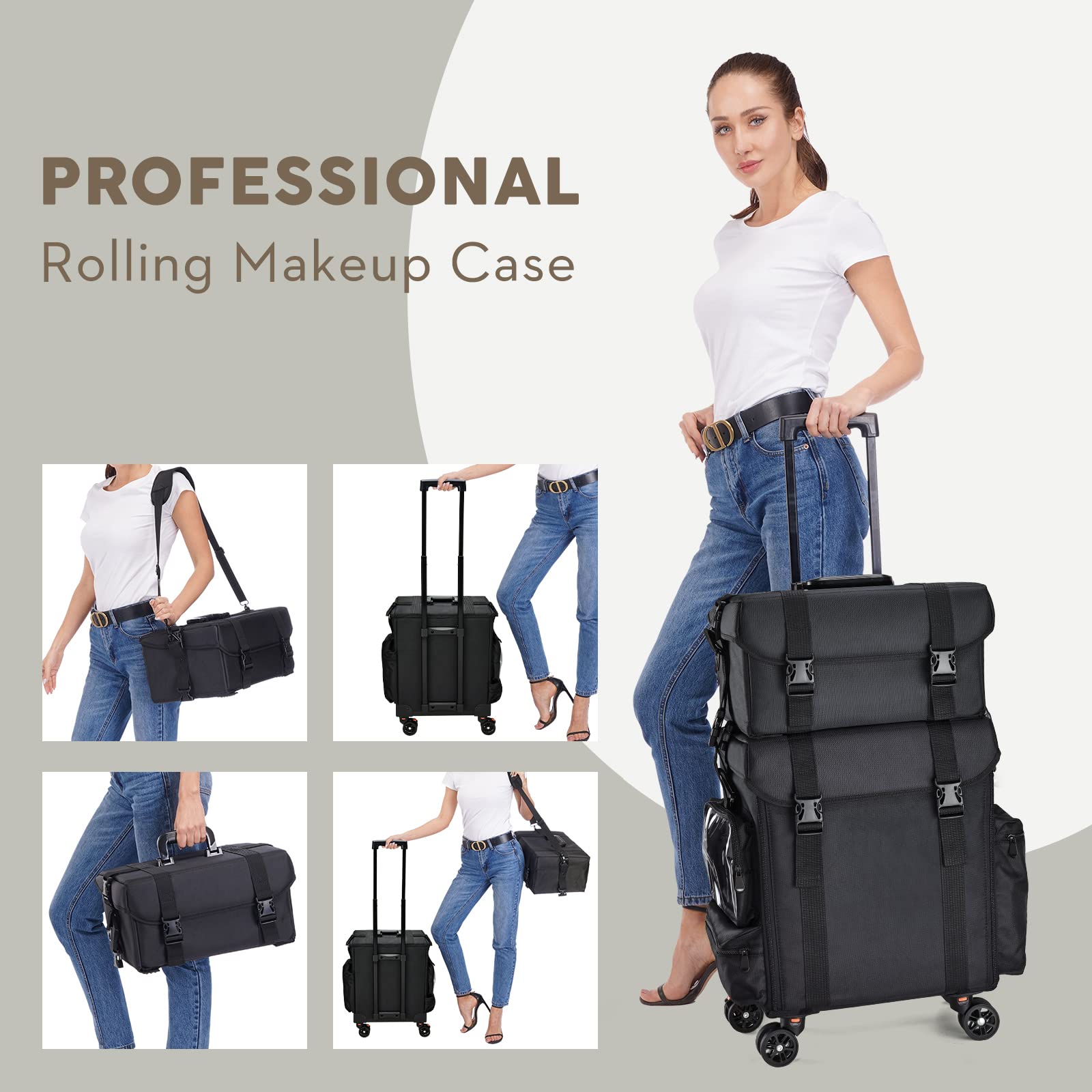 Costravio Travel Makeup Bag, Cosmetology Case on Wheels, 2 IN 1 Hair Tool Organizer, Rolling Nail Organizer Train Case, Large Cosmetic Trolley Suitcase for MUA/Hairstyling/Home-care/Groomer, Black