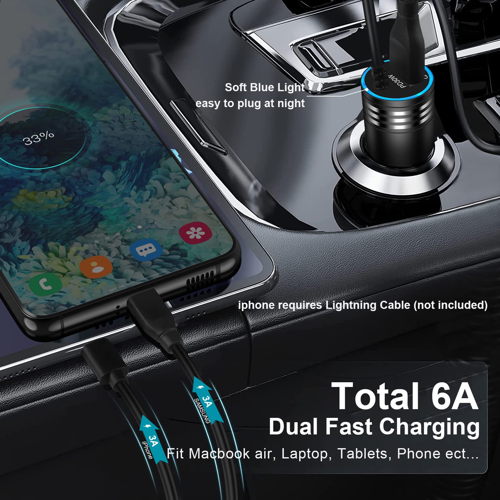 Samsung S24 Ultra Car Charger 48W USB C Cord Fast Charging for Galaxy S24 Plus A16 5G A15 A35 A55 A25 S23 FE S22 S21 A54 iPhone 16 Pro,Dual Port Car Plug Android Charger Phone Adapter 3FT USB-C Cable