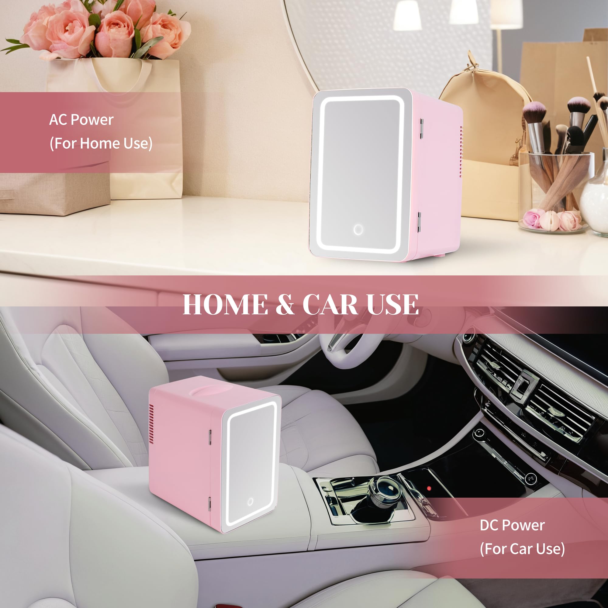 Mini Fridge for Bedroom 6L/8 Cans Skincare Fridge with LED Miroor Portable Cooler & Warmer 110V AC/12V DC Compact Small Refrigerator for Skin Care Cosmetic Beverages Drinks, Office Dorm and Car, Pink