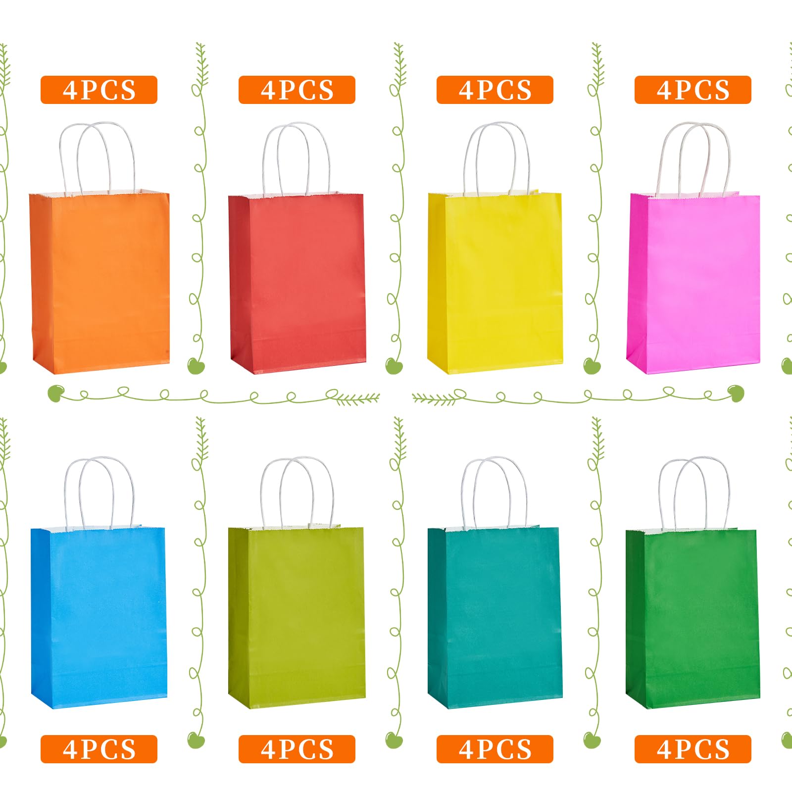 RACETOP 32 Pack Small Paper Gift Bags with Handles, 5.8"×3.2"×8.25" Kraft Paper Party Favor Bags Bulk for Kids Birthday, Baby Shower, Crafts, Wedding, Party Supplies (8 Colors)