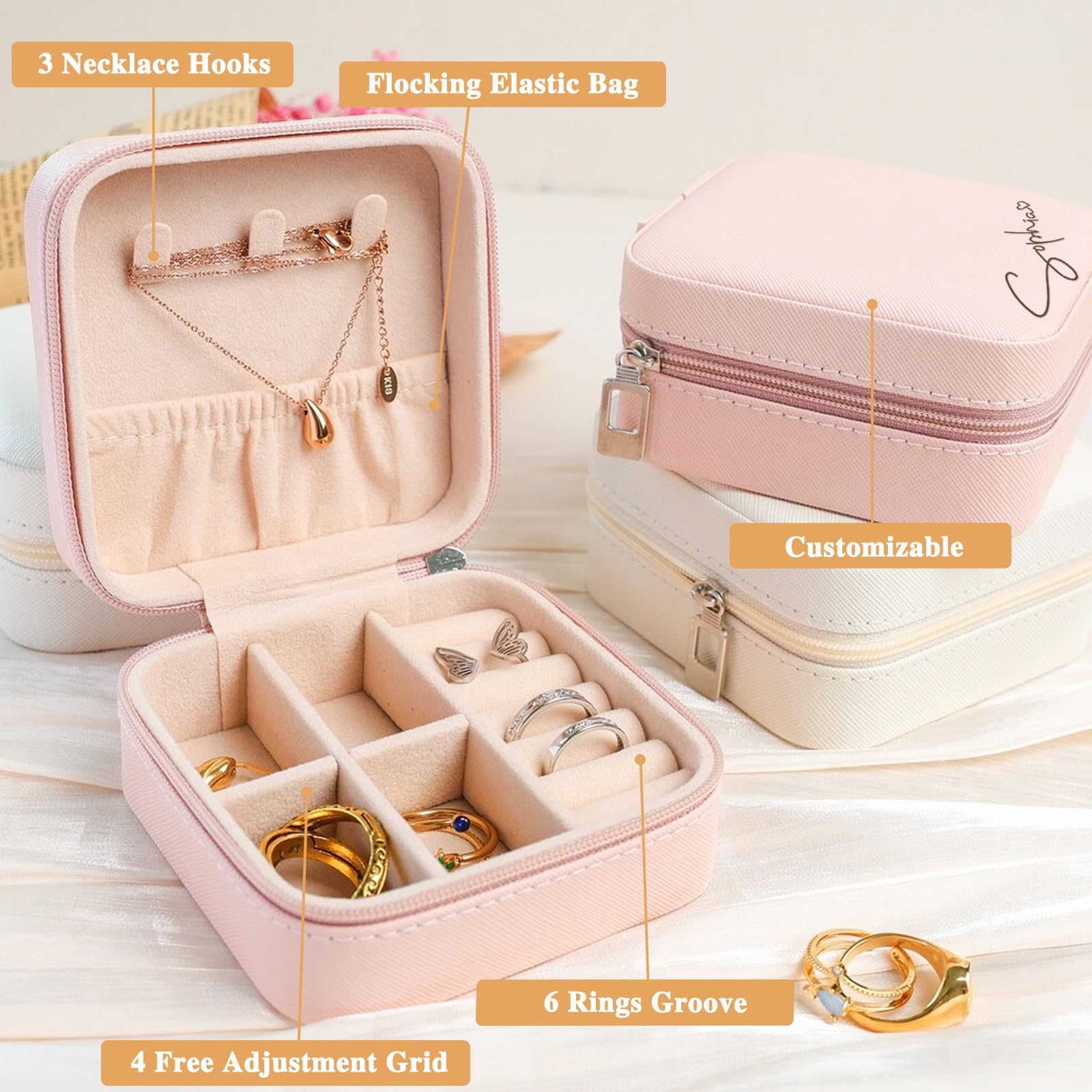 Corissy Personalized Jewelry Box for Women, Custom Travel Jewelry Case with Name and Birth Flower, Leather Jewelry Box for Rings, Earrings, Necklaces, Personalized Gifts for Women