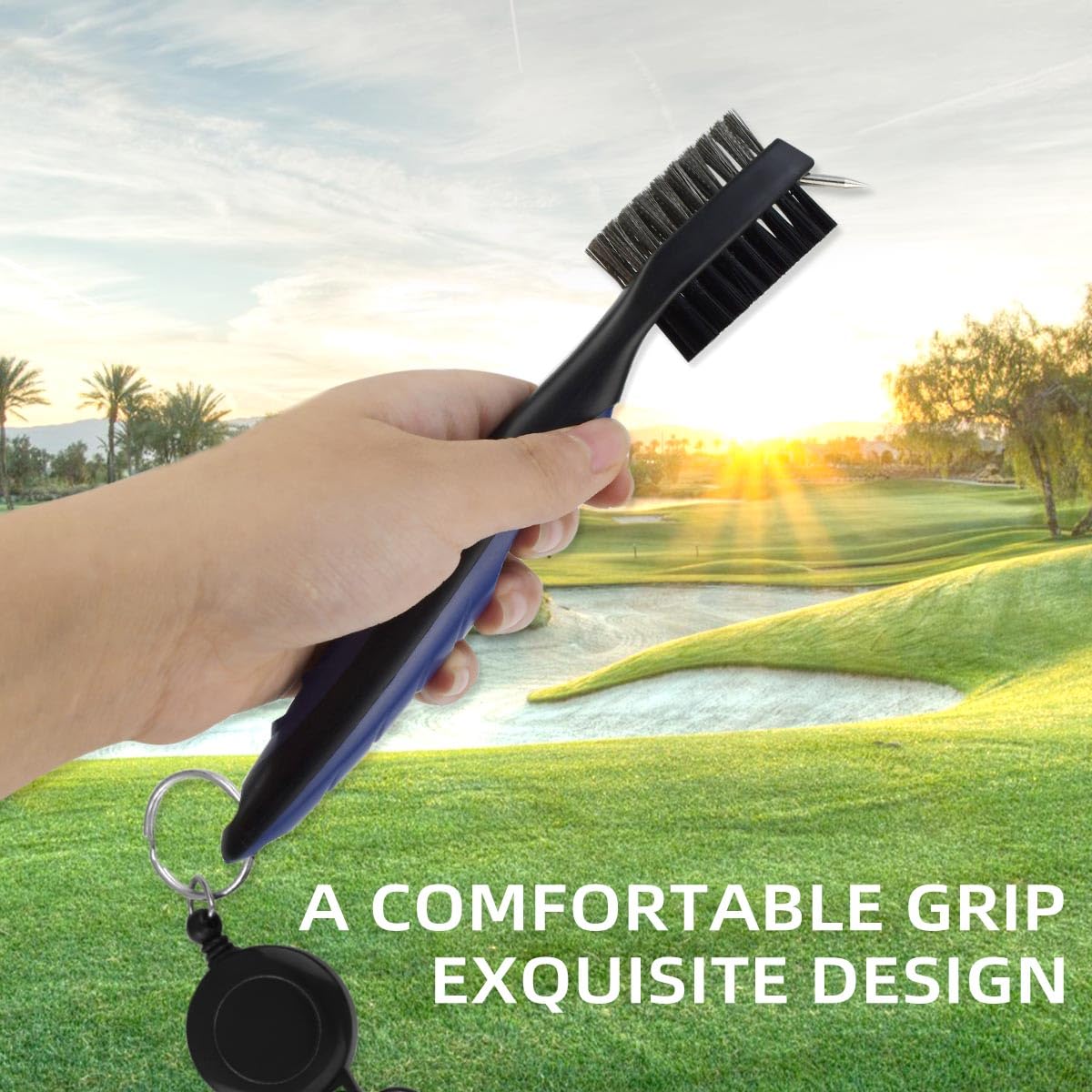 Golf Club Brush and Groove Cleaner Retractable Zip-Line Golf Cleaning Tool Golf Club Brushes with Aluminum Carabiner Oversized Head Spike Non-Slip Handle Grip Golf Club Cleaner Golf Bag Brush Tools