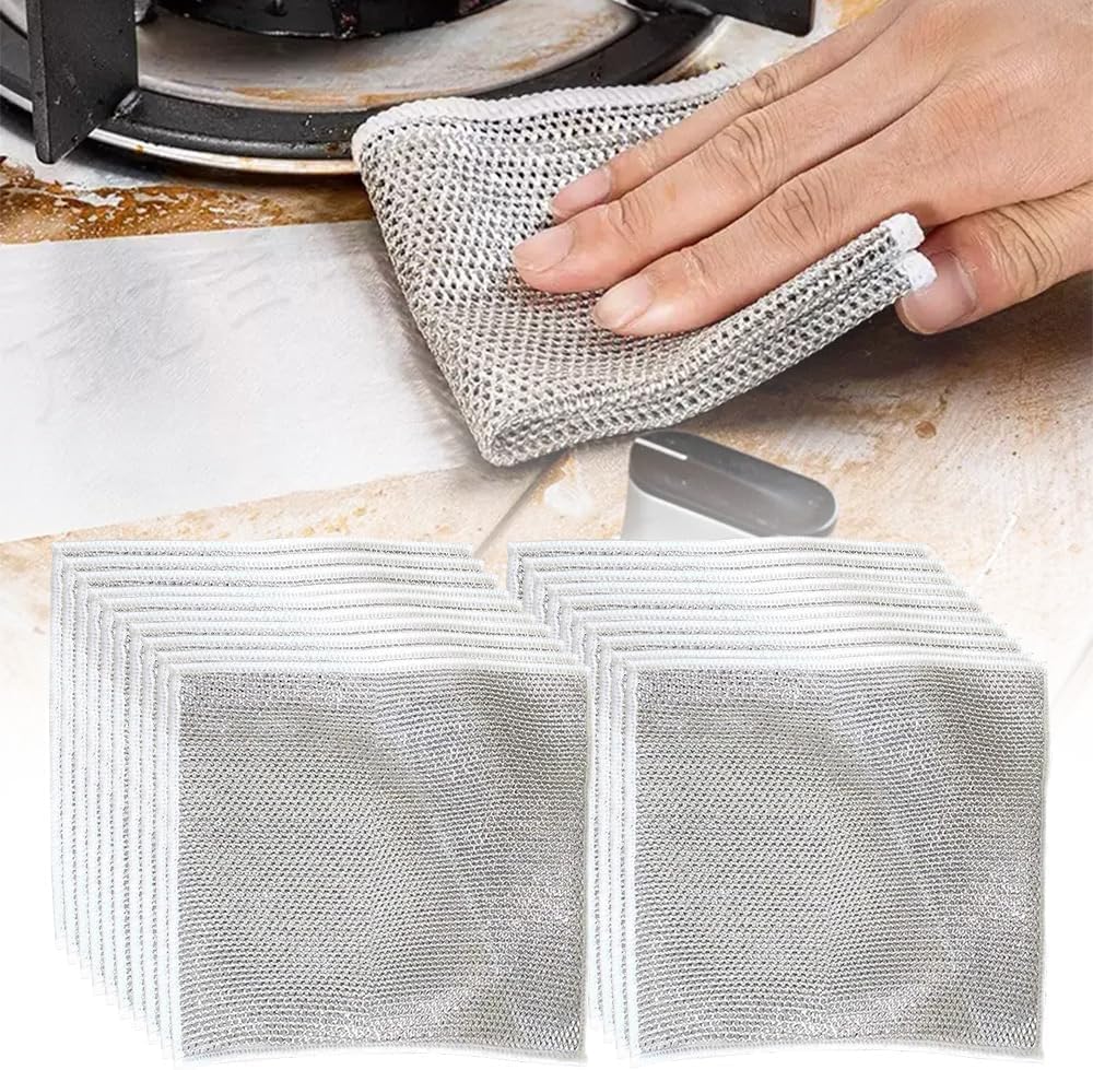 Multipurpose Wire Dishwashing Rags for Wet and Dry, 2024 Reusable Non Scratch Metal Wire Dishcloth, Upgrade Metal Scrubbing Pads Sponge Clean for Home Kitchen Stove Tops (20Pcs)