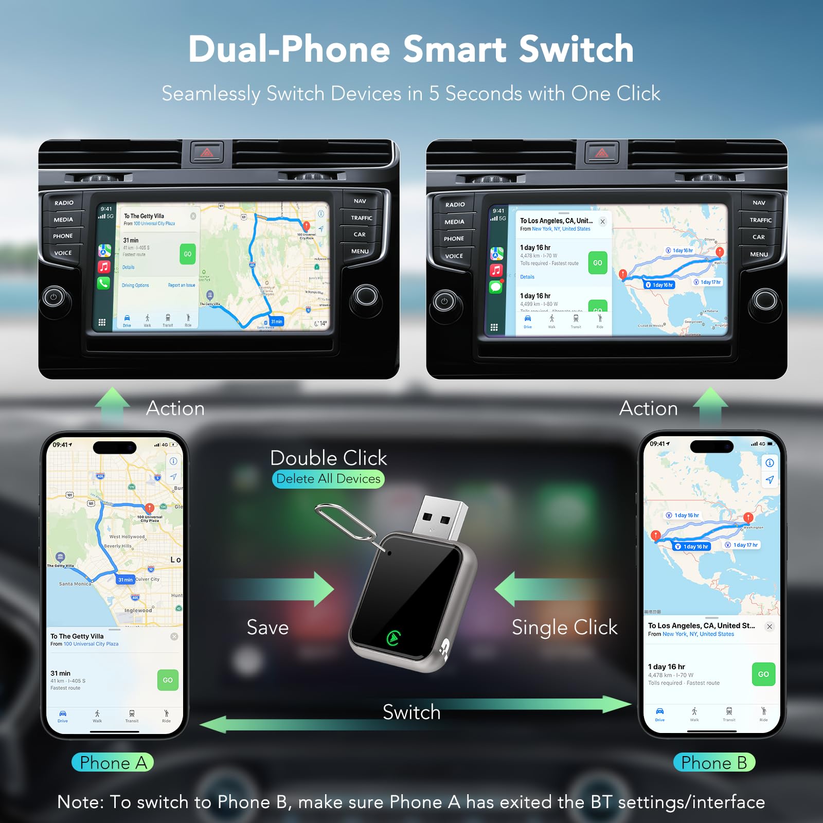 2025 Wireless CarPlay Adapter for iPhone & Android + Windshield Sun Shade (UPF 50+, Blocks UV & Heat, Foldable, Easy Setup)