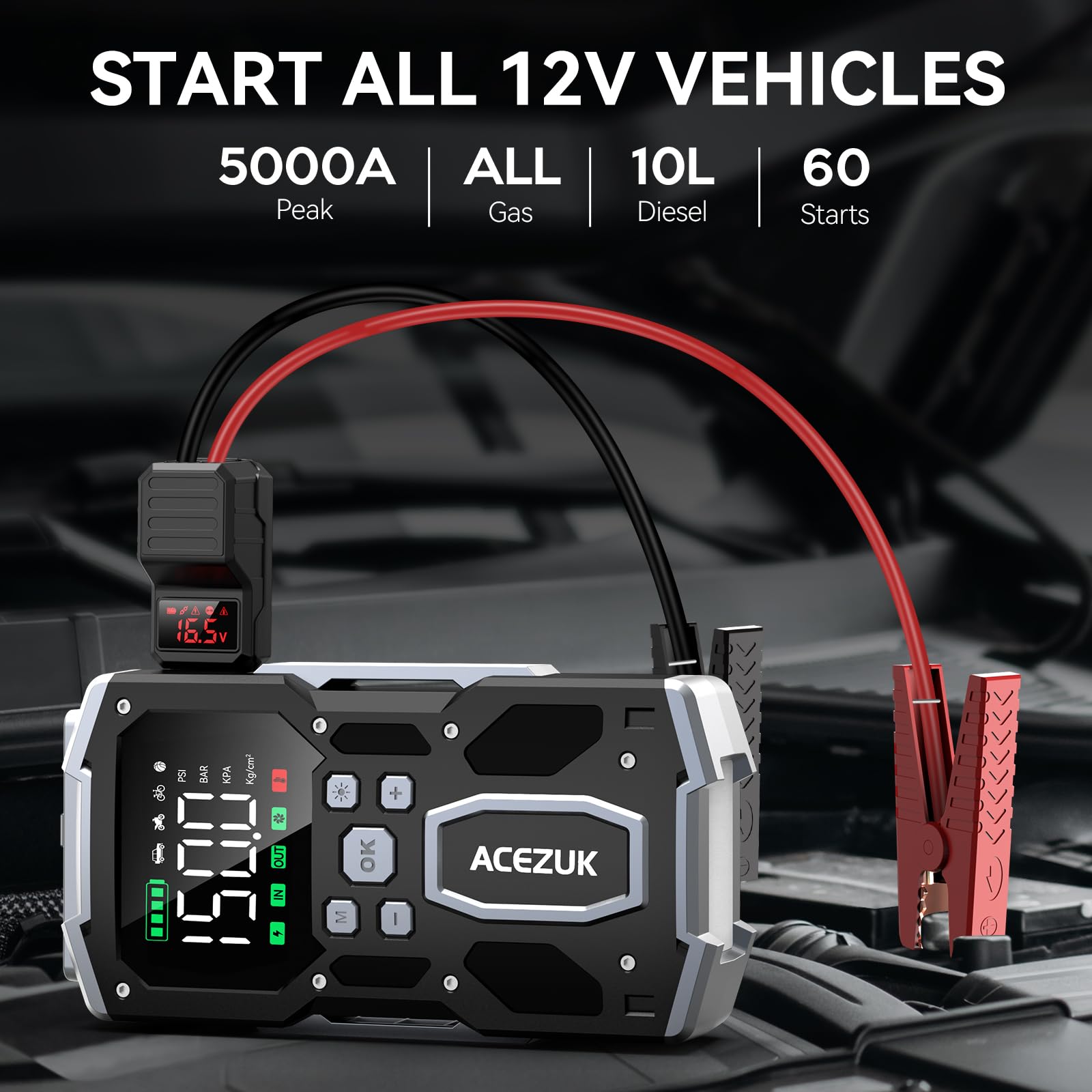 Portable Car Jump Starter with Air Compressor, ACEZUK 150PSI 5000A Jump Starter (All Gas/10.0L Diesel), 12V Car Battery Jump Box Car Battery Jumper Starter with 3.4" LCD Display, 2 Lights