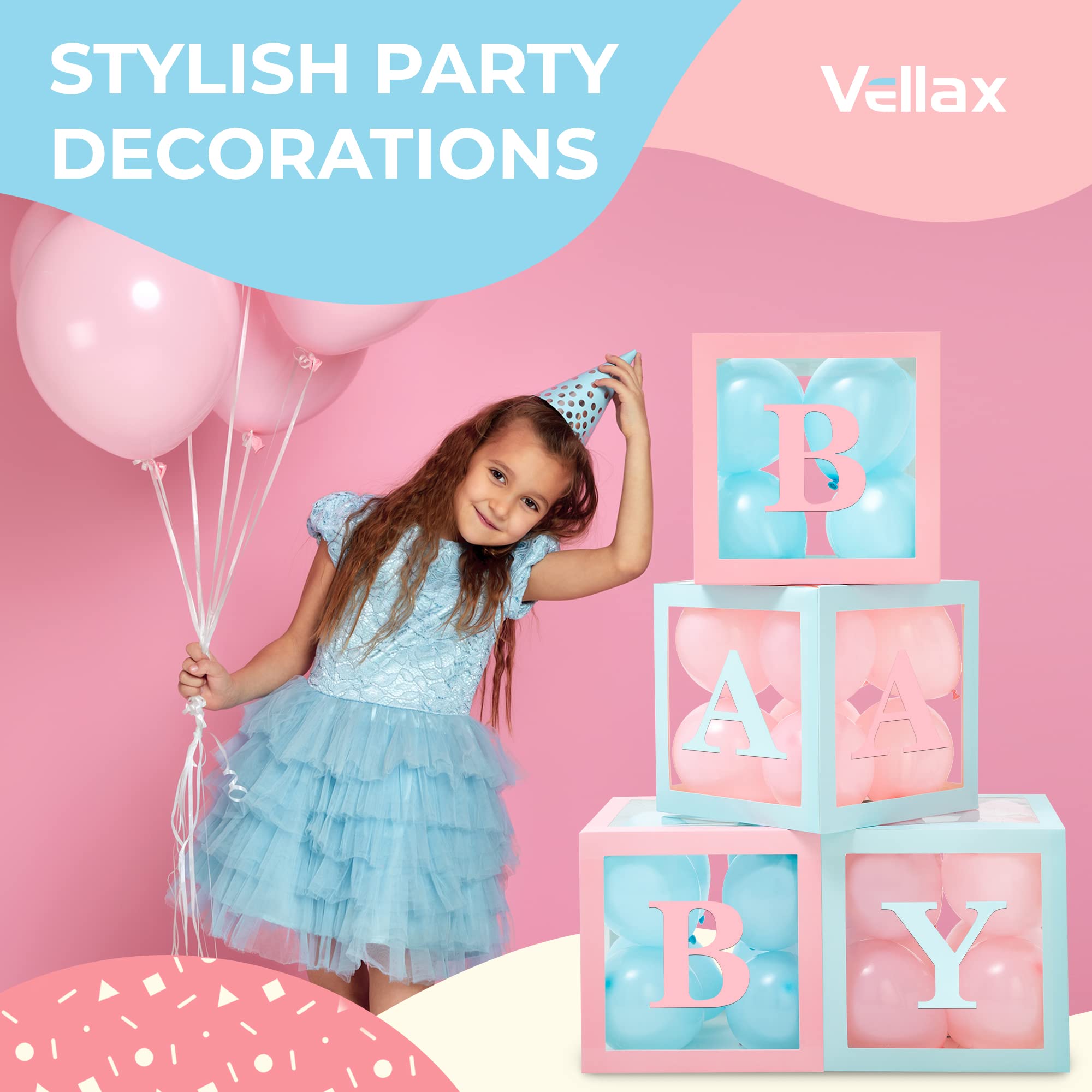 Baby Shower Boxes with Letters – Pink And Blue Boxes with Pink & Blue Balloons – 44-Piece Gender Reveal & Party Decoration Set by Vellax