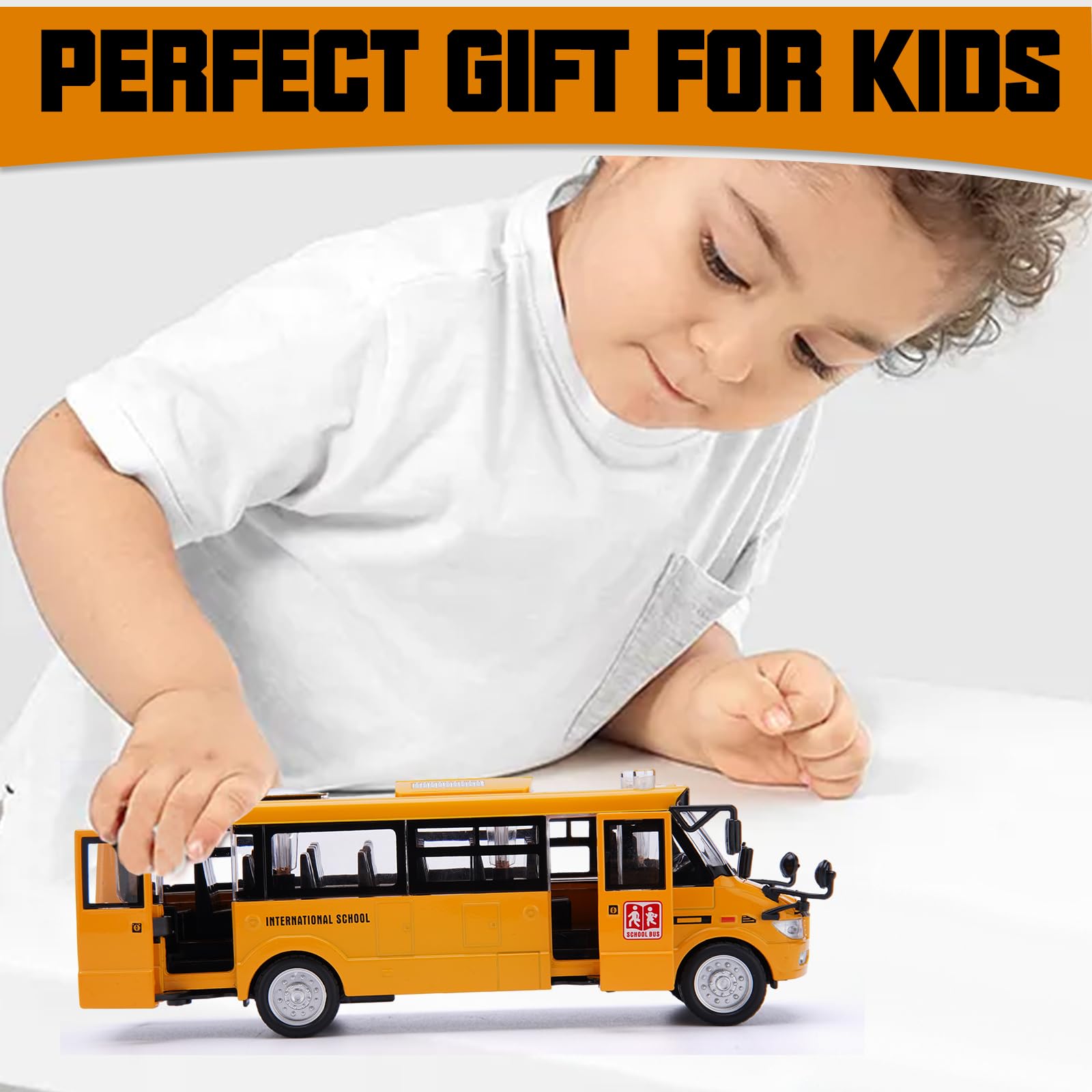 Crelloci School Bus Toy, Die Cast Model Car with Flashing Lights & Sounds, Friction Powered, Back & Side Doors Open, Large Yellow Metal Toy Vehicles, Play Bus Easter Gift for Kids Toddlers Ages 3+