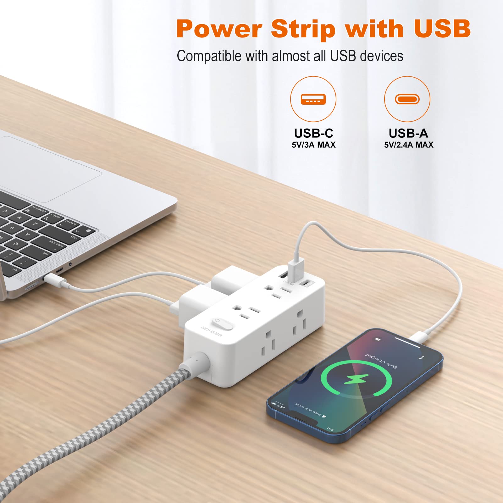 Power Strip Surge Protector, 5Ft Extension Cord, 6 Outlets with 3 USB Ports(1 USB C Outlet), 3-Side Outlet Extender, Wall Mount, Compact for Travel, Home, School, College Dorm Room and Office