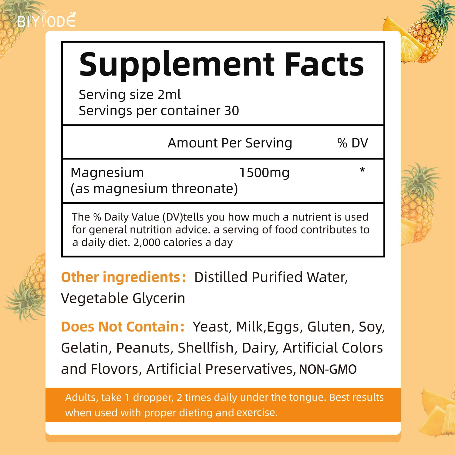 Magnesium L-Threonate Liquid Drops Restore Health Magnesium Levels Support Cardiovascular Promote Restful Sleep Stress Management 60ml Net Wt Pineapple Flavor
