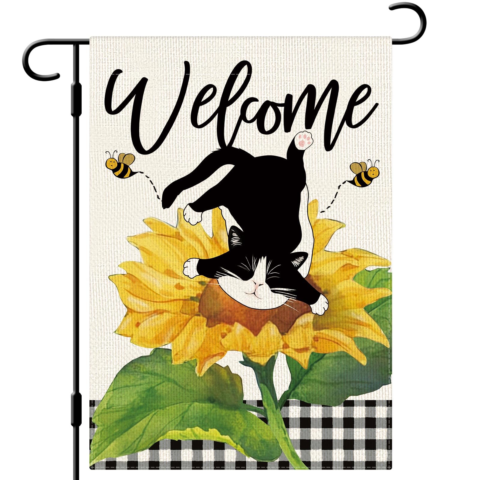 DLZDN Summer Sunflower Cat Garden Flag Funny Tuxedo Cat Garden Flags 12×18 Inch Double Sided Buffalo Plaid Farmhouse Welcome Yard Flag Spring Summer Seasonal Outdoor Decor