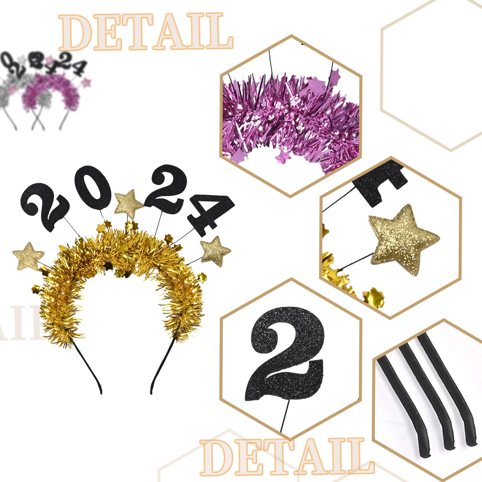 6Pcs Happy New Year Star Headband, 2024 New Year Headband, Glitter Star Sequins Headband, Star Tinsel Hairband, Glitter Hair Hoops, Tiara for 2024 New Years Eve Christmas