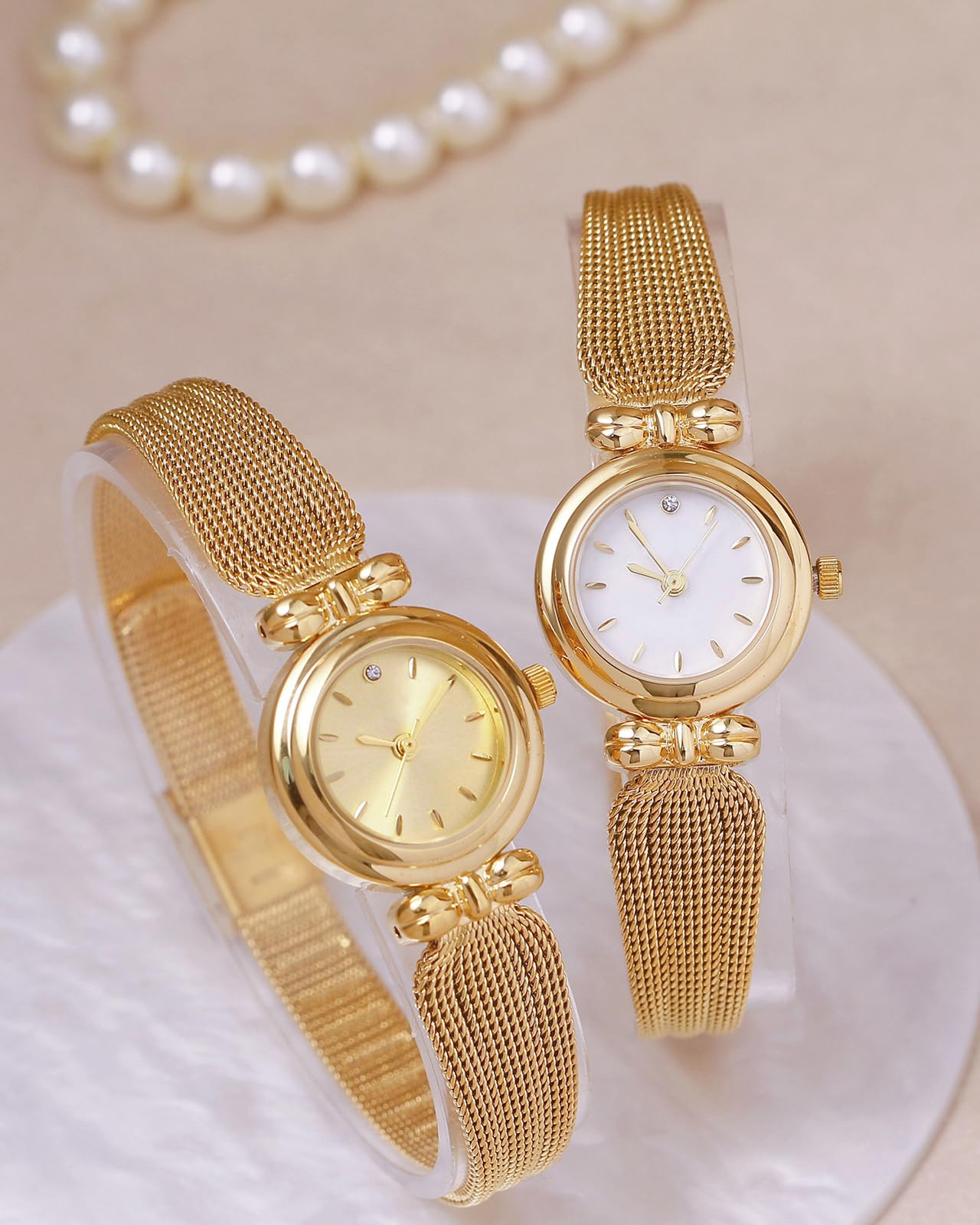 Fashion Simple Women's Quartz Watch Stainless Steel Mesh Strap Business Wrist Watch (Gold White)