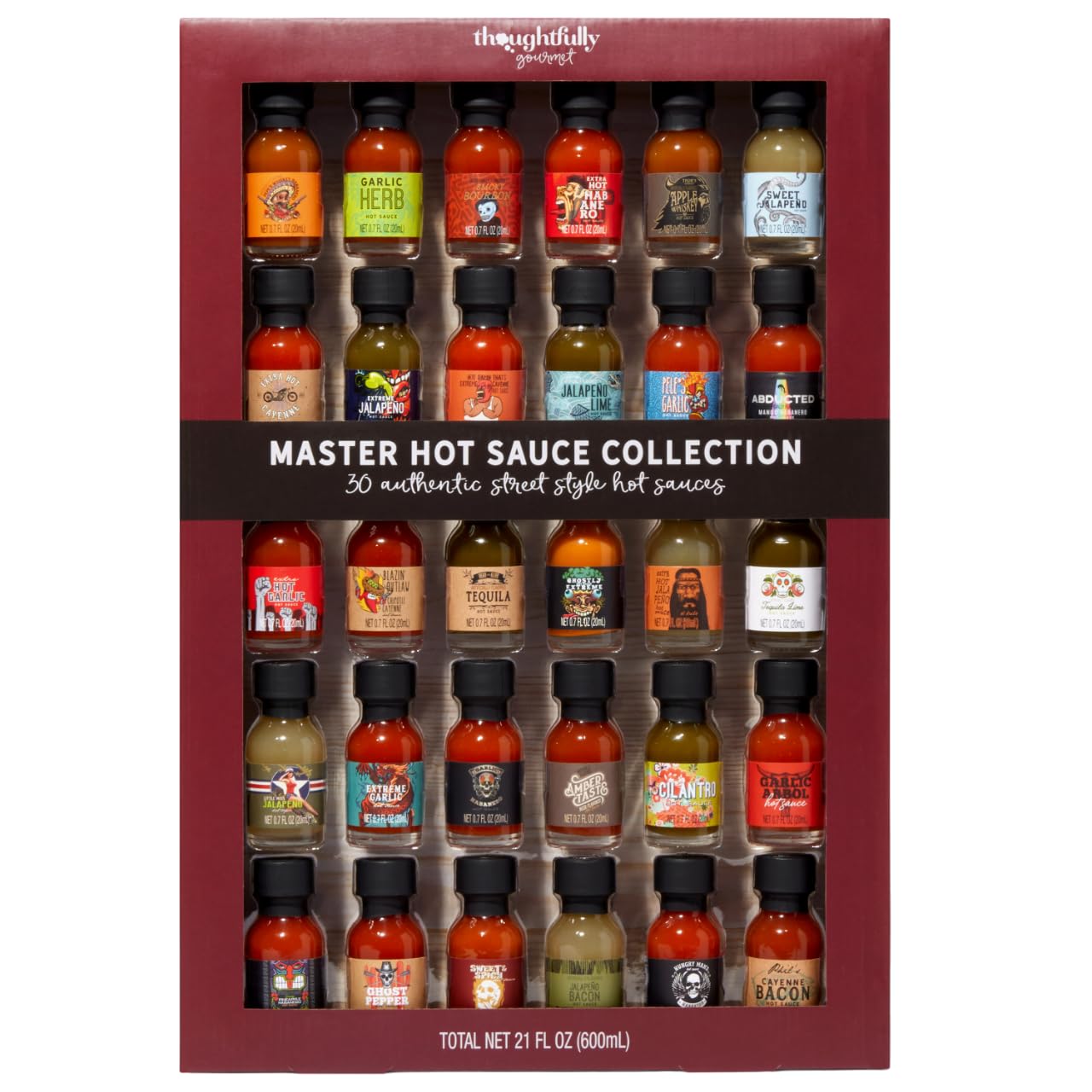 Thoughtfully Gourmet, Master Hot Sauce Collection Sampler Set, Flavors Include Garlic Herb, Apple Whiskey and More, Hot Sauce Gift Set of 30