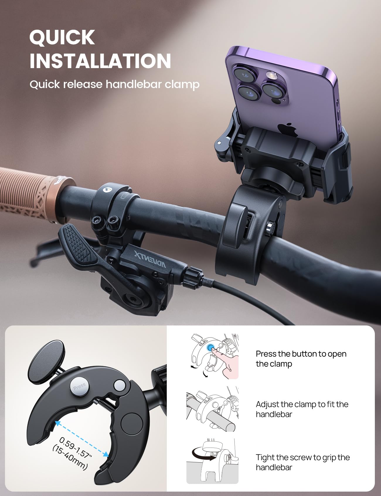 Lamicall Motorcycle Phone Mount Holder - [Camera Friendly] [1s Lock] Bike Phone Holder Handlebar Clamp, Bicycle Scooter Phone Clip, for iPhone 16 Pro Max, 15 14 13 Mini, 2.4~3.54" Wide Phones, Black