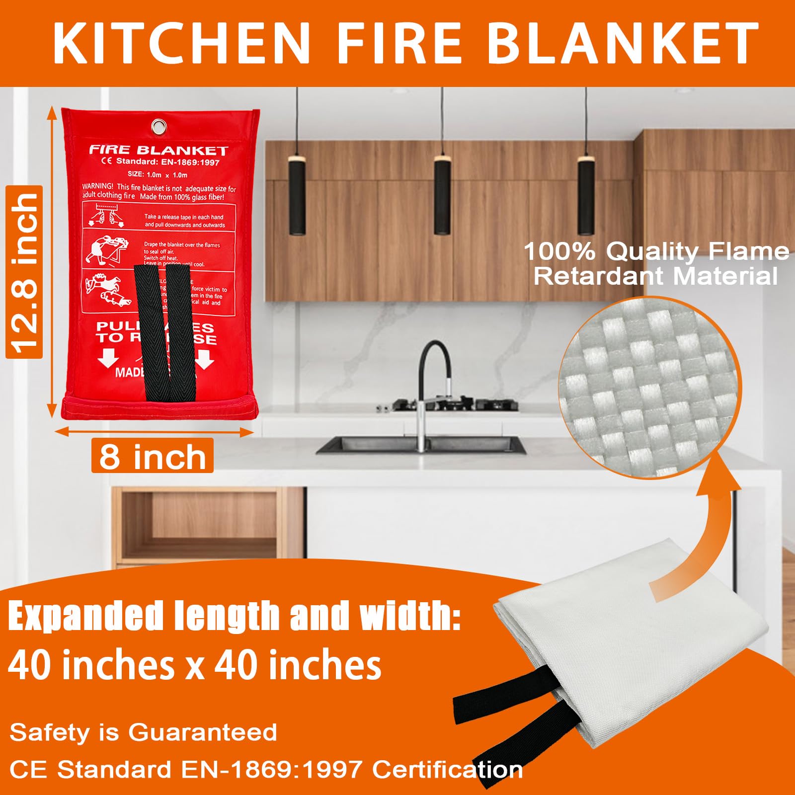 KKIKK Kitchen Fire Blanket for Home Safety, 2 Pack Emergency Fire Suppression Blankets for Kitchen, 40” x 40” Fiberglass Fire Blanket (Thicker Model)