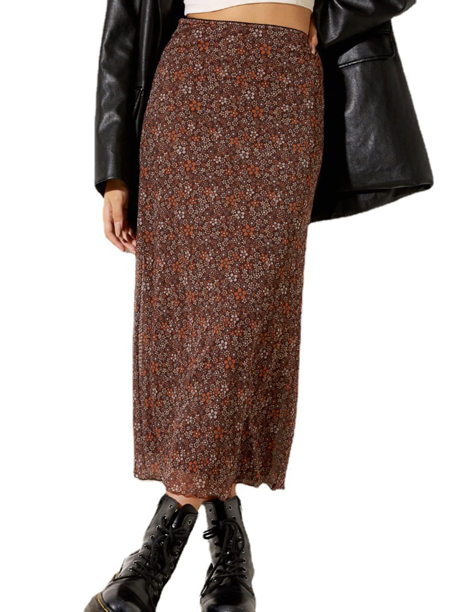 Avanova Women's Ditsy Floral High Waist Skirts Summer Lettuce Trim Boho A Line Midi Skirt A Brown Large