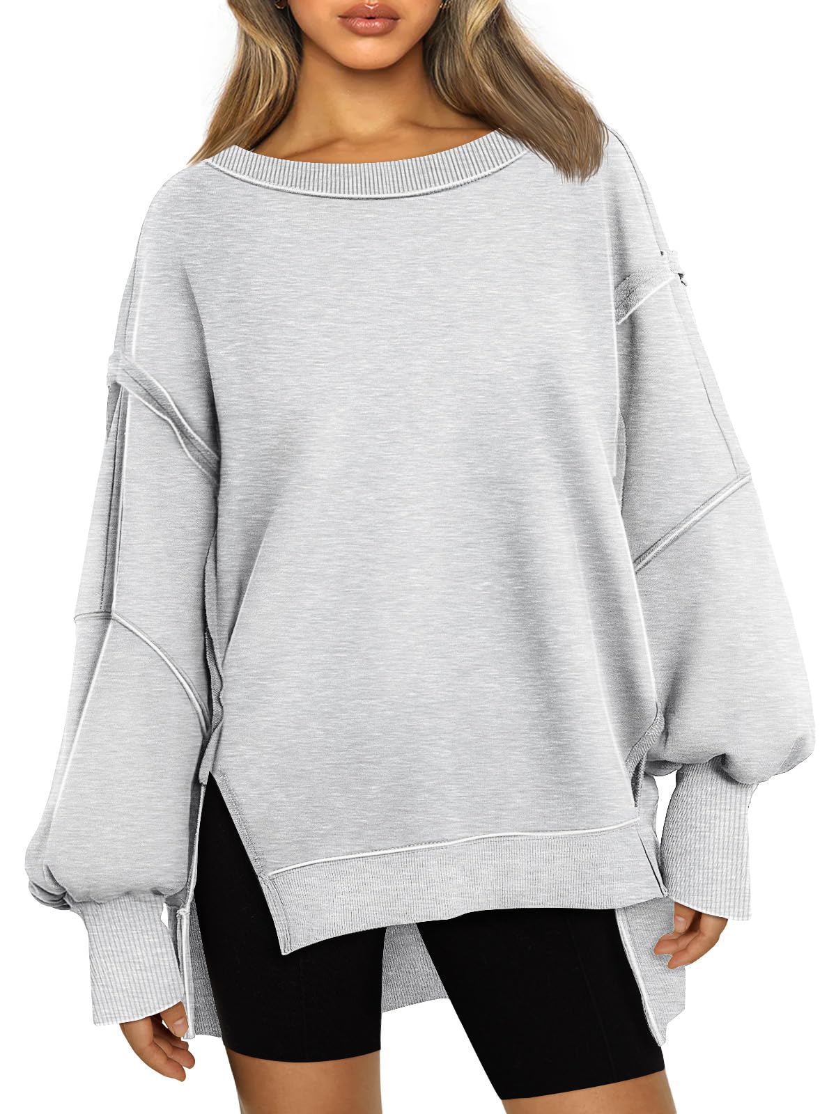 Trendy Queen Womens Oversized Sweatshirts Hoodies Crewneck Shirts Fall Outfits Teen Girls Y2k Winter Clothes Grey L