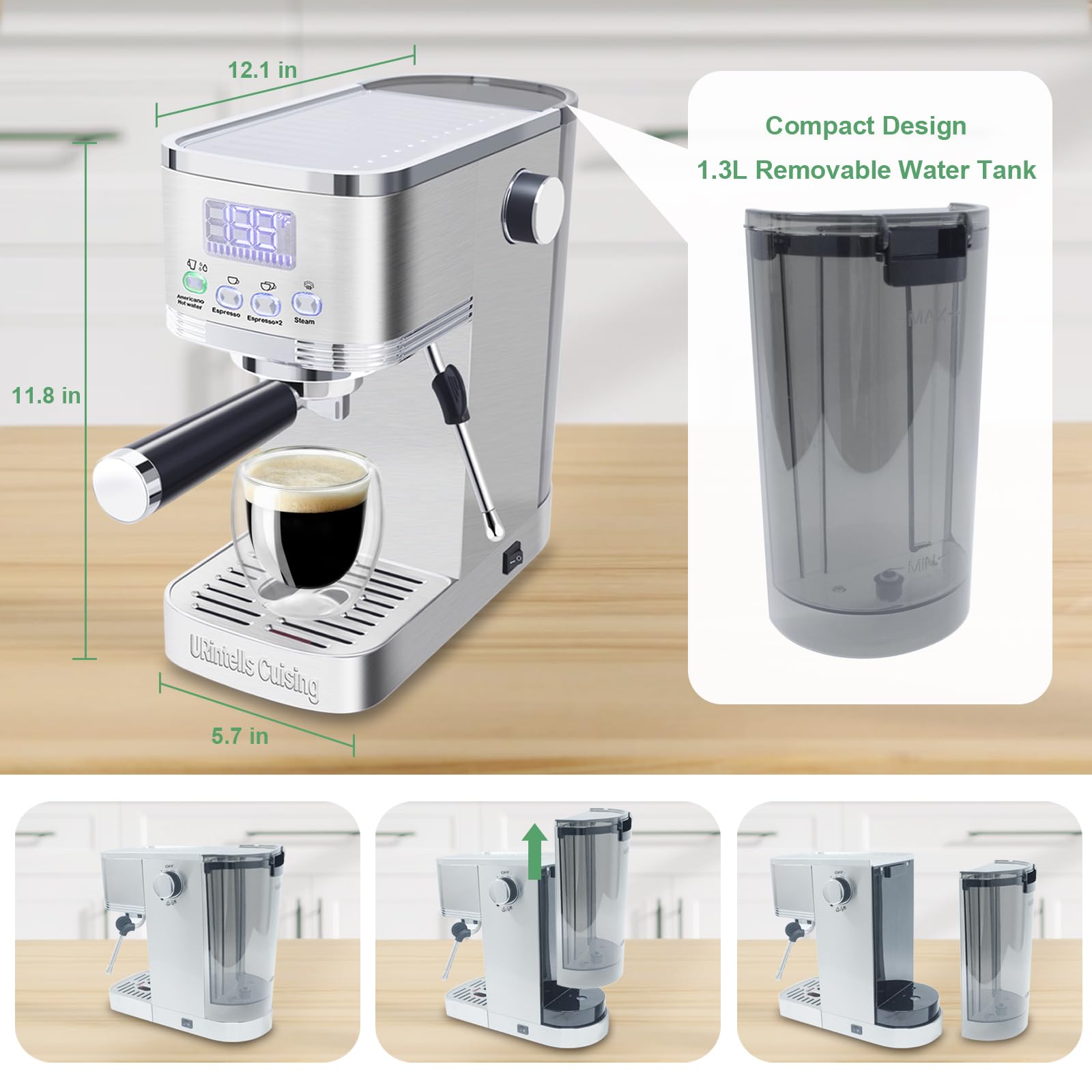 URintells Cuising Espresso Machine 20 Bar, LED Display Espresso Maker with Steam Milk Frother for Americano Cappuccino Latte, Espresso Coffee Maker with ESE Pod Filter, Gift for Dad Mom