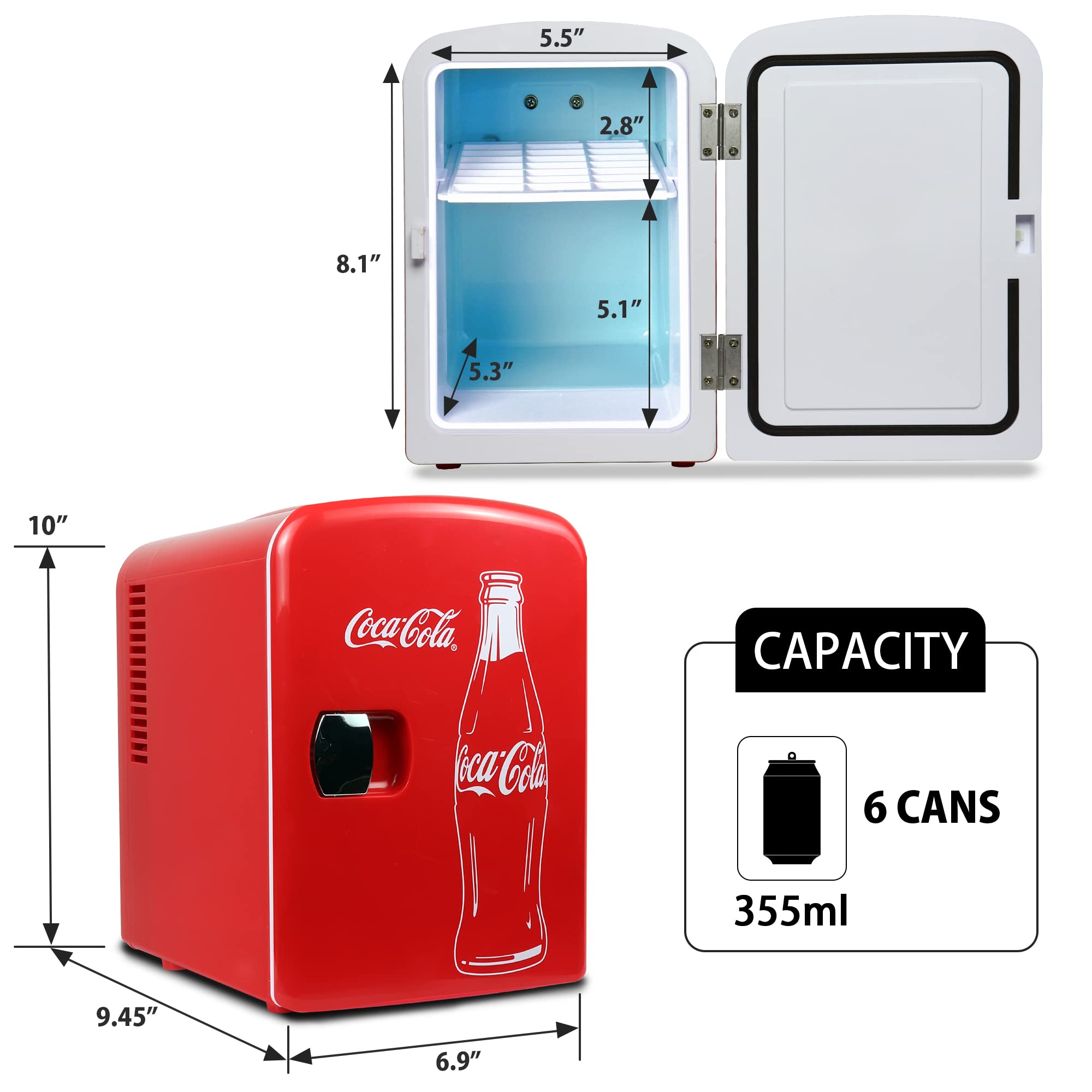 Coca Cola Mini Fridge for Bedroom Skincare Cosmatic Office 4L Small Refrigerator 6 Can Mini Refrigerator Dorm Fridge Portable Cooler 12V DC 110V AC Personal Travel Refrigerator Snacks Drinks Red