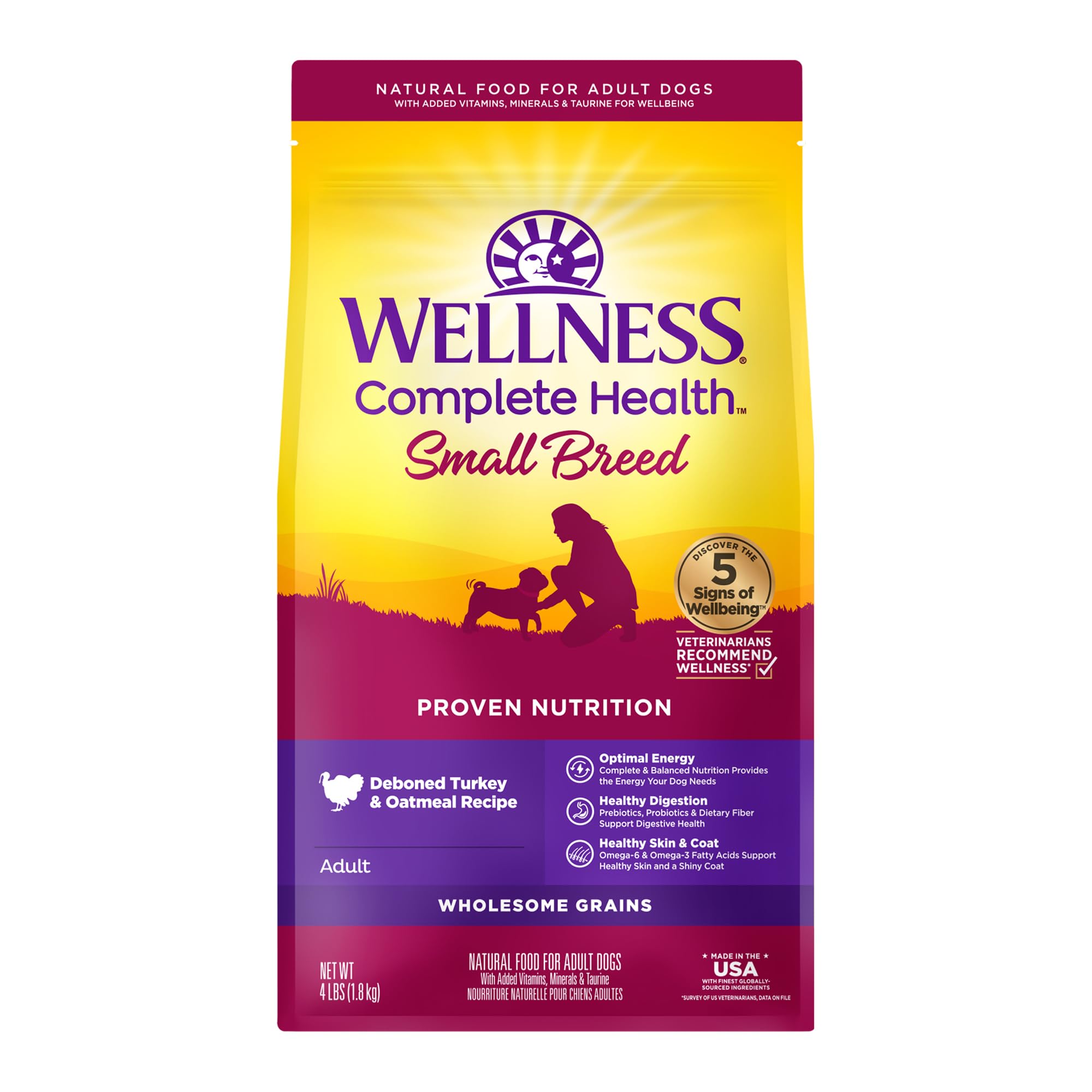 Wellness Complete Health Small Breed Dry Dog Food with Grains, Natural Ingredients, Made in USA with Real Turkey, For Dogs Up to 25 lbs, (Adult, Turkey & Oatmeal, 4-Pound Bag)