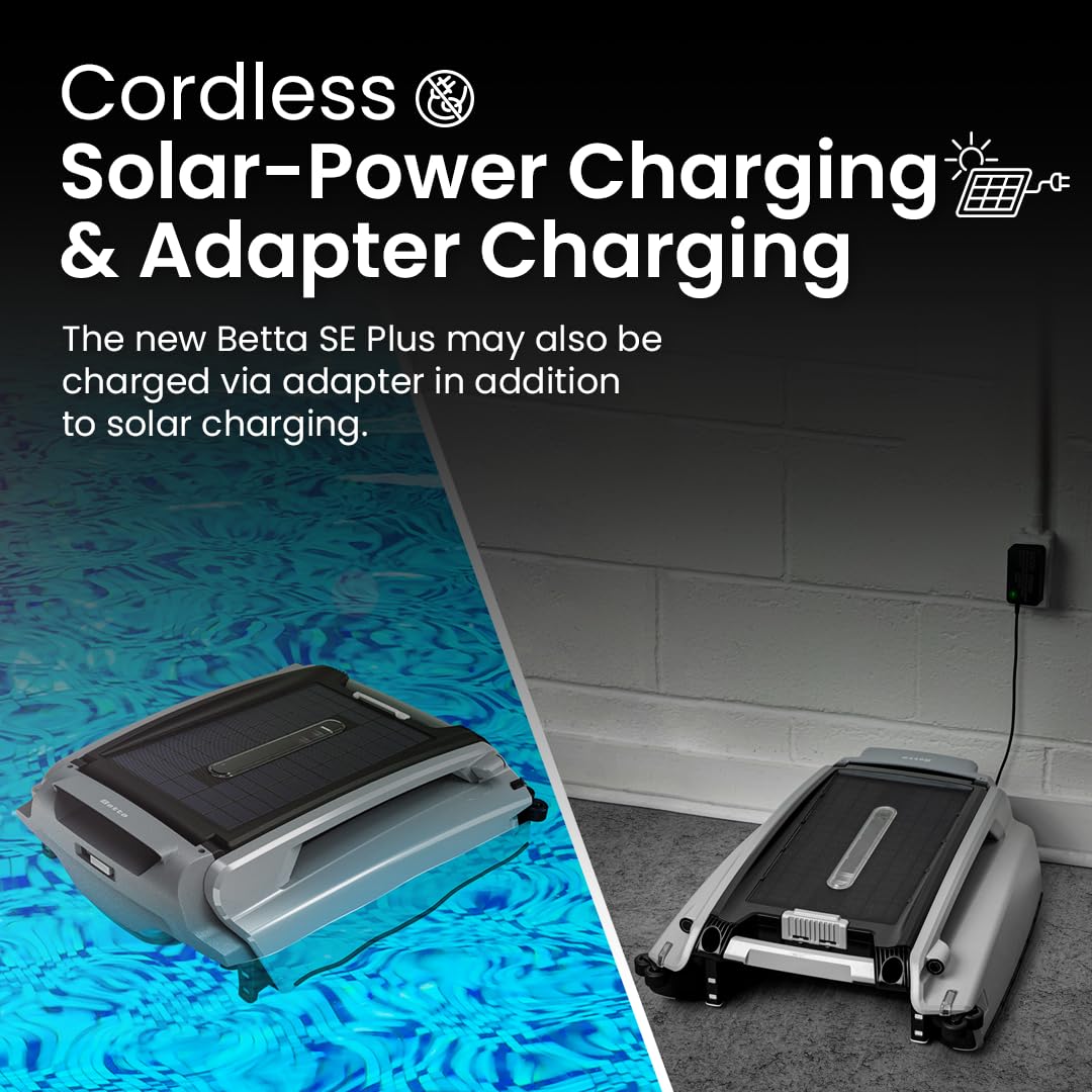 Betta SE Plus - Solar Powered Robotic Pool Skimmer with Dual Charging Options and 30-Hour Continuous Cleaning Battery Power, Anti-Stuck Foam Noodle, Shallow Water Safeguard