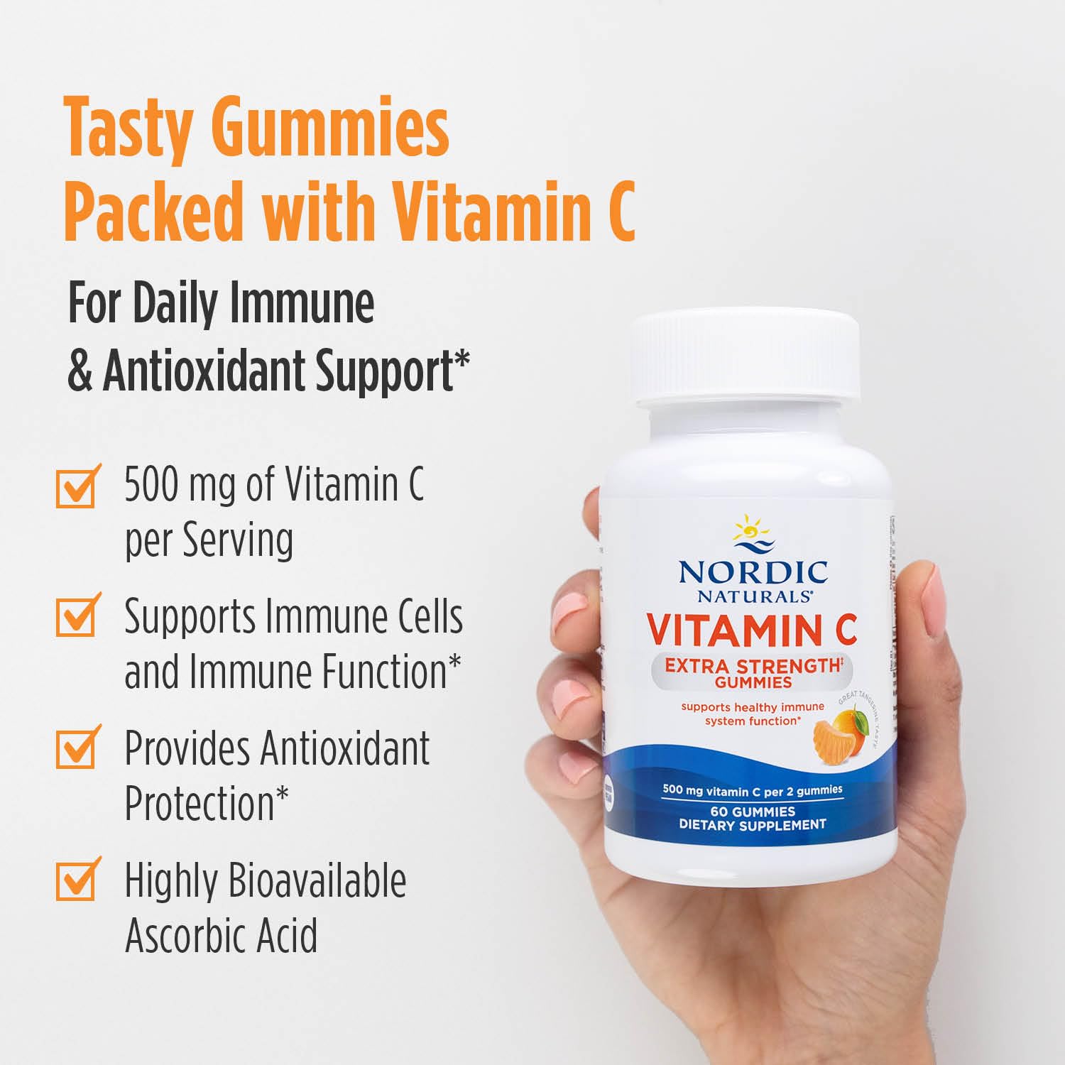 Nordic Naturals Vitamin C Extra Strength Gummies - Tangerine Flavor - 60 Gummies - 500 mg Vegan Vitamin C Supplement - Low-Sugar Immune-Support Gummies - 30 Servings