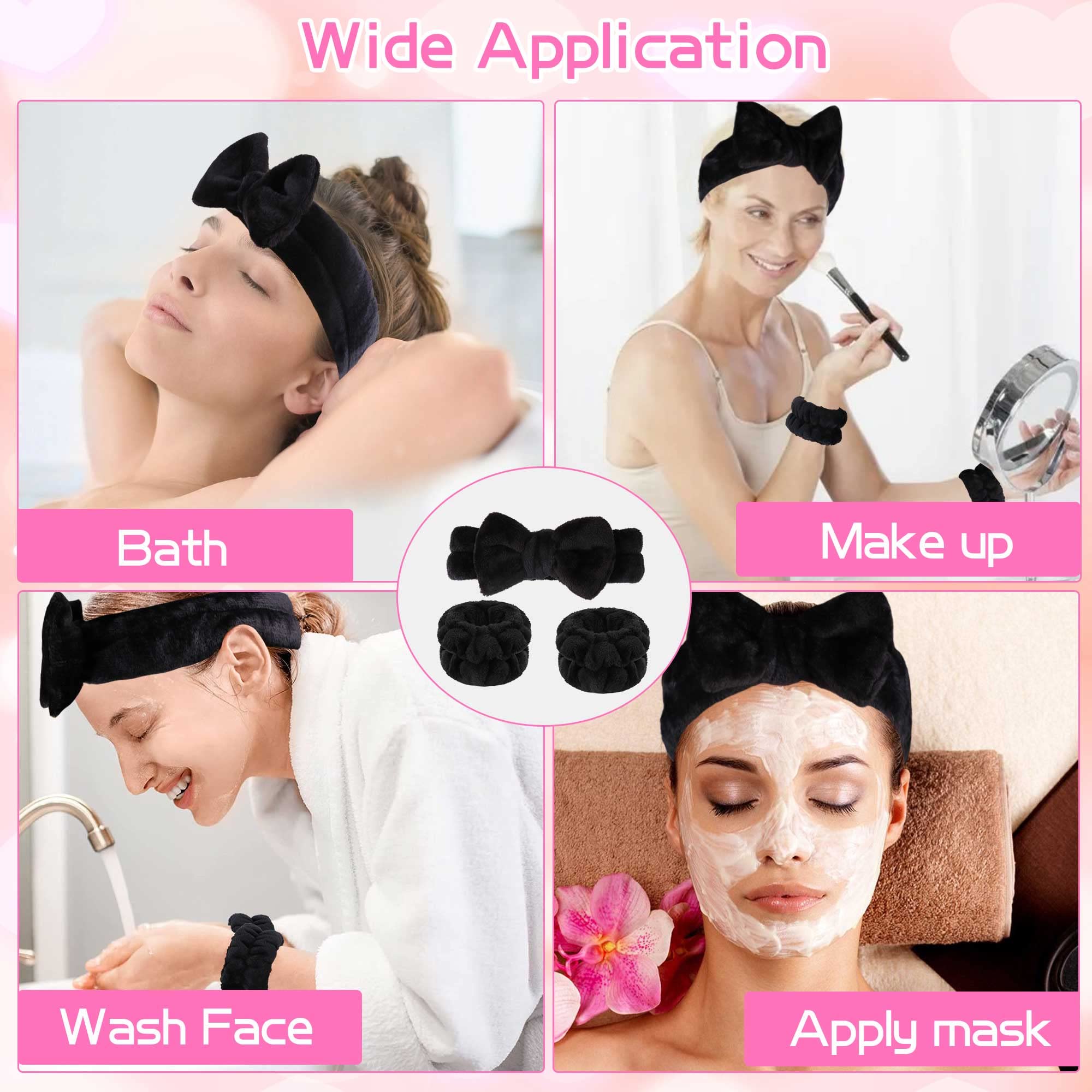 WSYUB Makeup Headbands, 1pcs Black Spa Headband Fluffy Bow Tie Headband Microfiber Face Headband, and 2Pcs Wrist Spa Wash Band Absorbent Wristbands, for Washing Face Skin Care