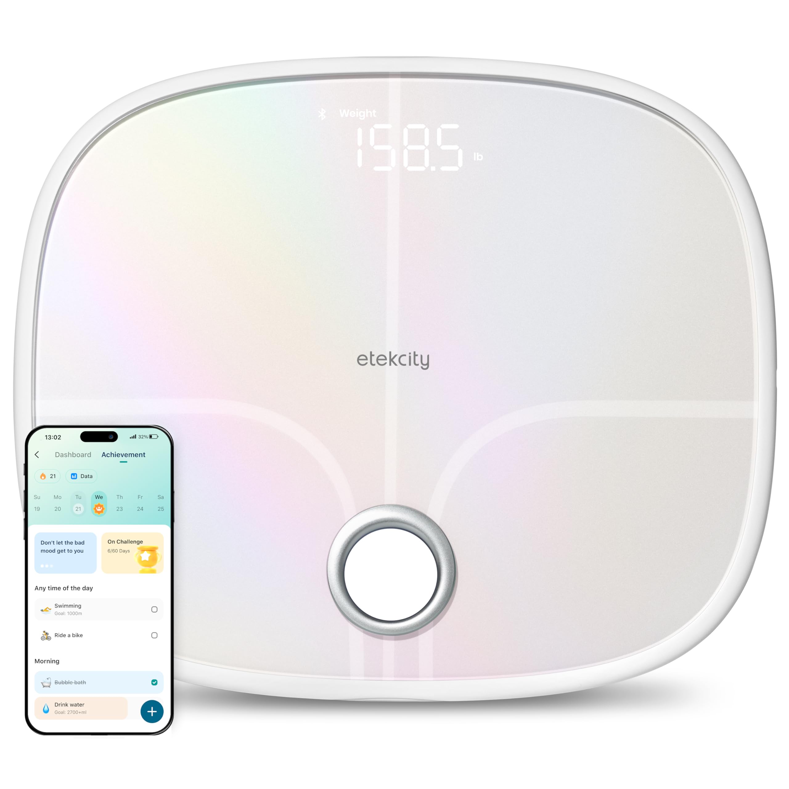 Etekcity Smart Rechargeable Scale for Body Weight, BMI, Fat, Muscle Mass, FSA HSA Eligible, Digital Bathroom Scale with 13 Metrics, Secret Mode, Bluetooth Connect to Free Apps, Rainbow White