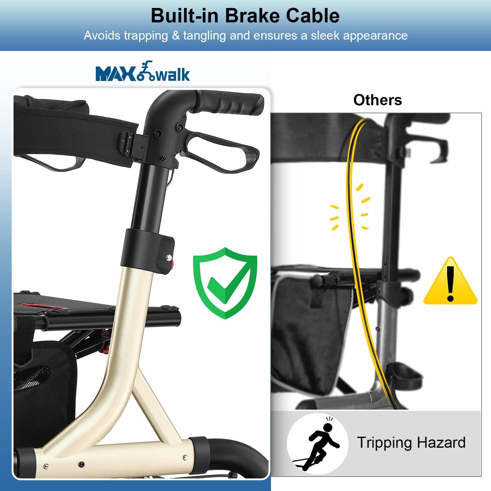 MAXWALK Walkers for Seniors, Rollator Walker with Seat, 12" Big Rubber Wheels All Terrain Rollator Walker with Backrest, Built-in Cable, Cup Holder, Foldable and Height Adjustment for Seniors, Gold