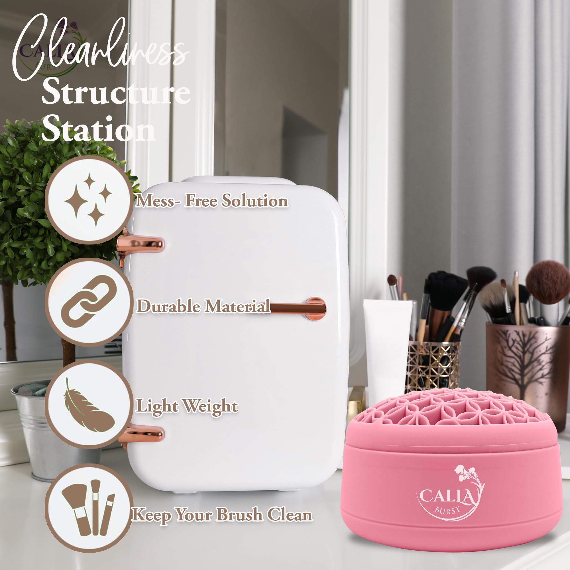 CallaBurst 3 in 1 Silicone Makeup Brush Cleaner - Make up Brush Cleaner Mat with Makeup Brush Drying Rack & Brush Organizer, Silicone Washing Tool Cleaning Bowl for Beauty Cosmetic Brushes (Pink)