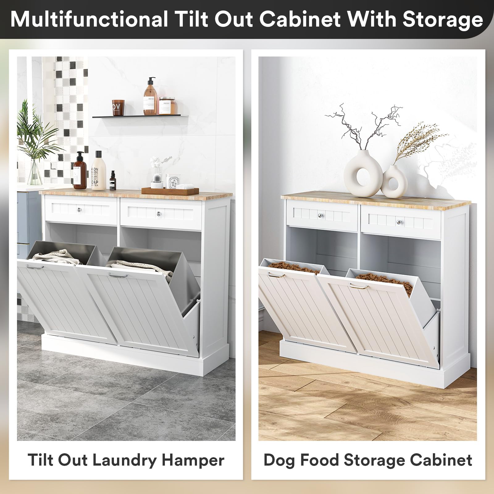 Rovibek Double Tilt Out Trash Cabinet with Storage Drawer Multifunctional Hidden Garbage Can for Kitchen, Bathroom, Laundry and Living Room, White