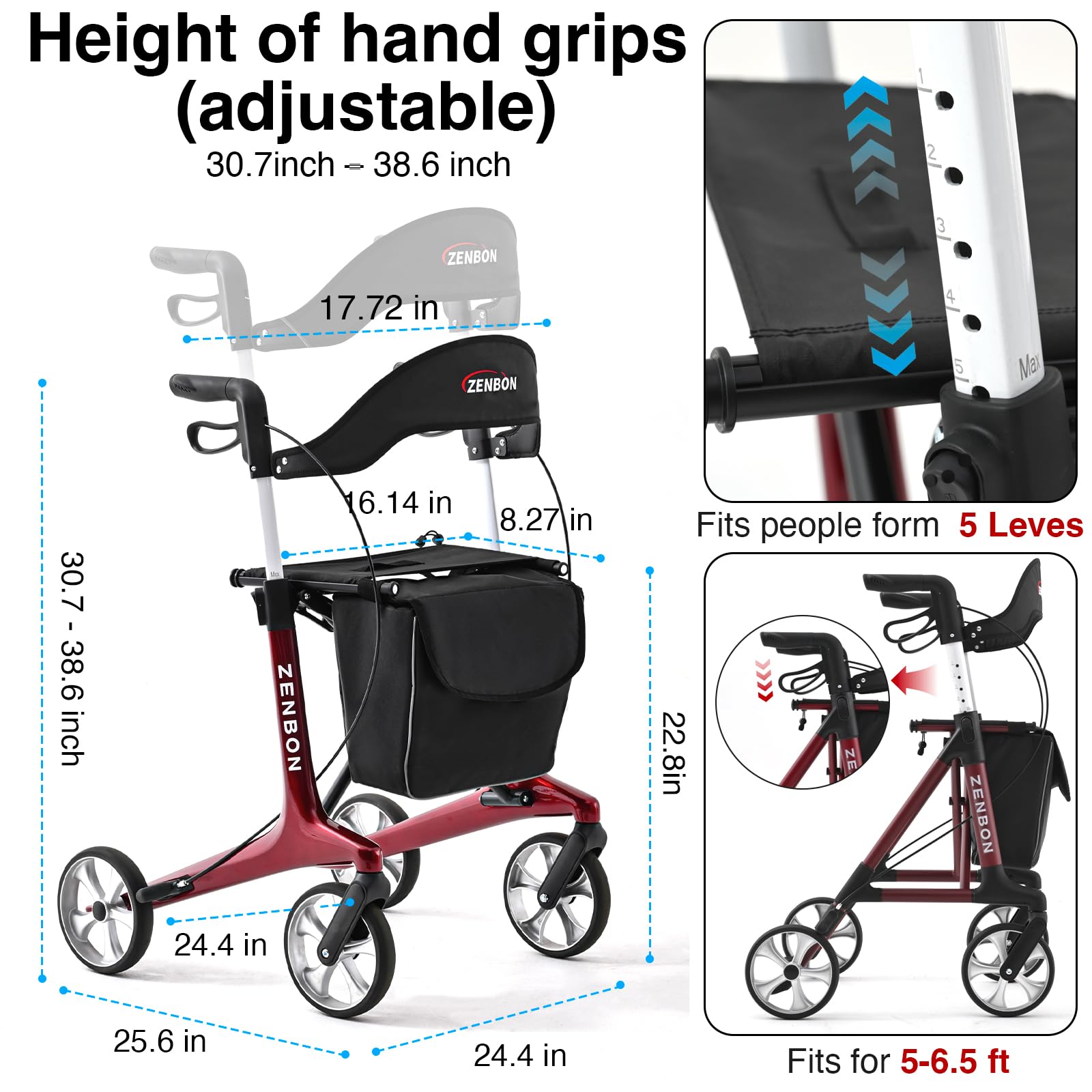 Rollator Walker for Seniors/Adults Foldable Rolling Walker with Seat 440 lbs Capacity 4 Big 7.9 inch Wheels Hand Grips Adjustable Height Lightweight Carbon Fiber Walker Removable Back Support