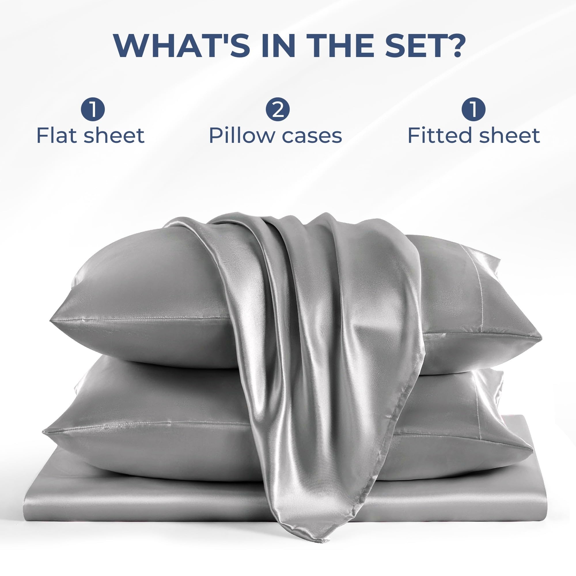 Seasonwood Satin King Size Sheets Set Gray Soft 1800 Microfiber Sheet 4 Pieces 2 Pillowcase 20"x40"
