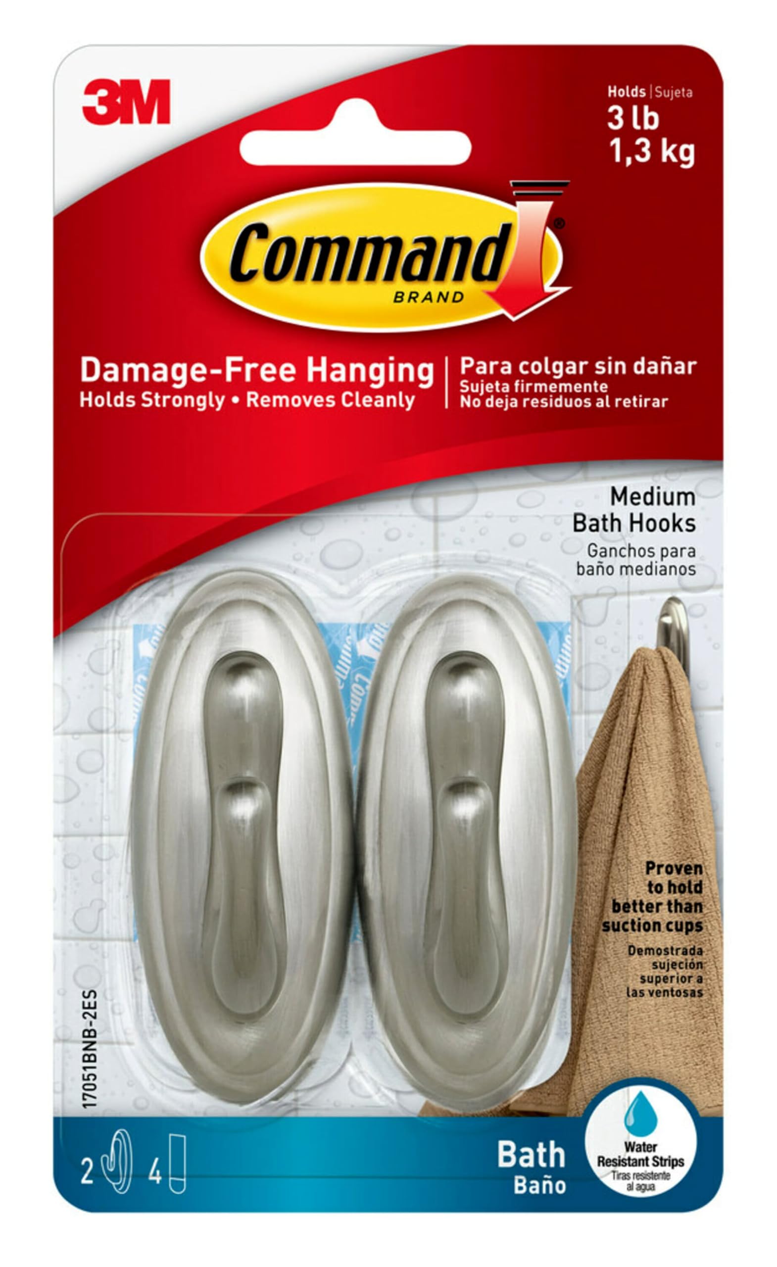 Command Medium Bath Hooks, Holds up to 3 lb, 2 Shower Hooks, 4 Water Resistant Strips, Brushed Nickel Colored, Damage Free Bathroom Organization for Robes, Towels, or Loofahs