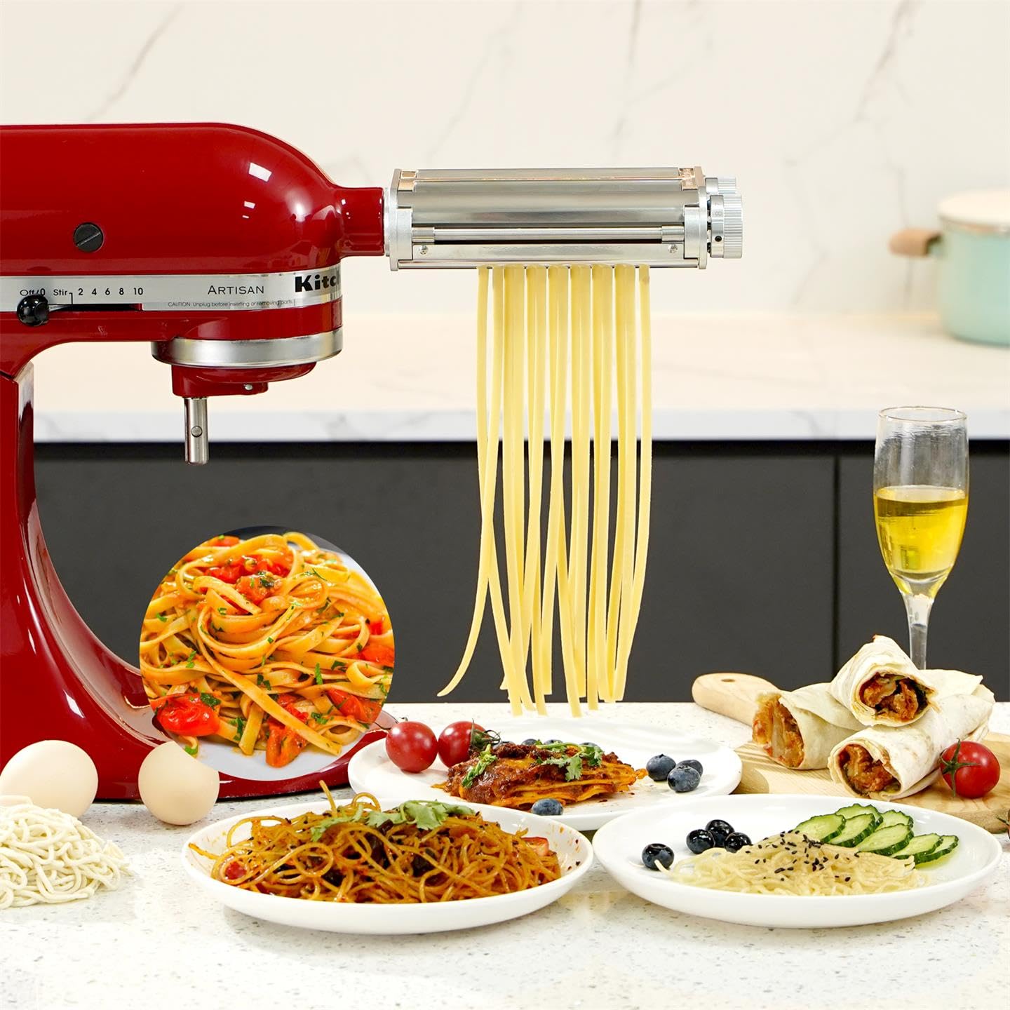 FavorKit Pasta Maker Attachment 3 in 1 Set Compatible for KitchenAid Mixers Plus Hub Knob Screw Accessory Included Pasta Sheet Roller, Spaghetti Cutter, Fettuccine Cutter and Cleaning Brush