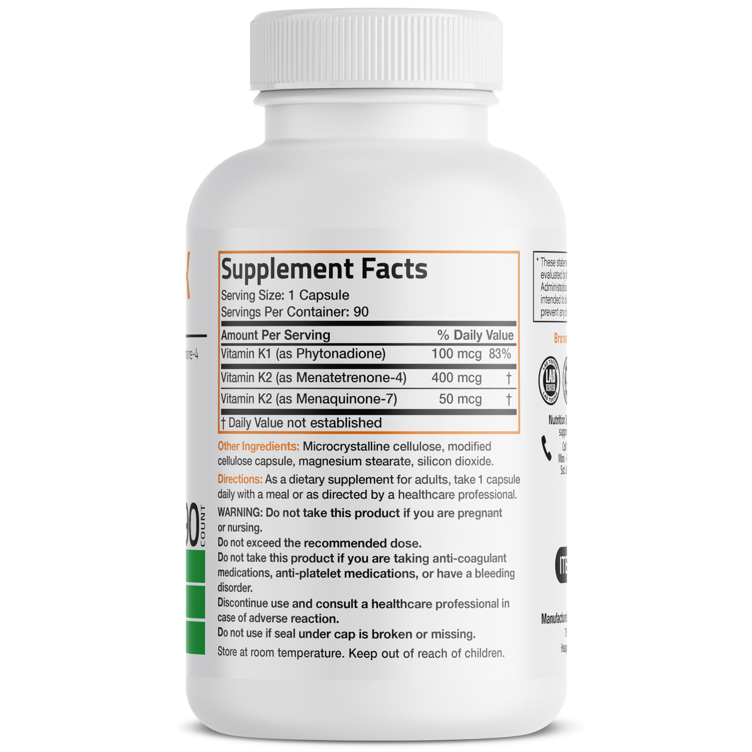 Bronson Vitamin K Triple Play (Vitamin K2 MK7 / Vitamin K2 MK4 / Vitamin K1) Full Spectrum Complex Vitamin K Supplement, 90 Capsules