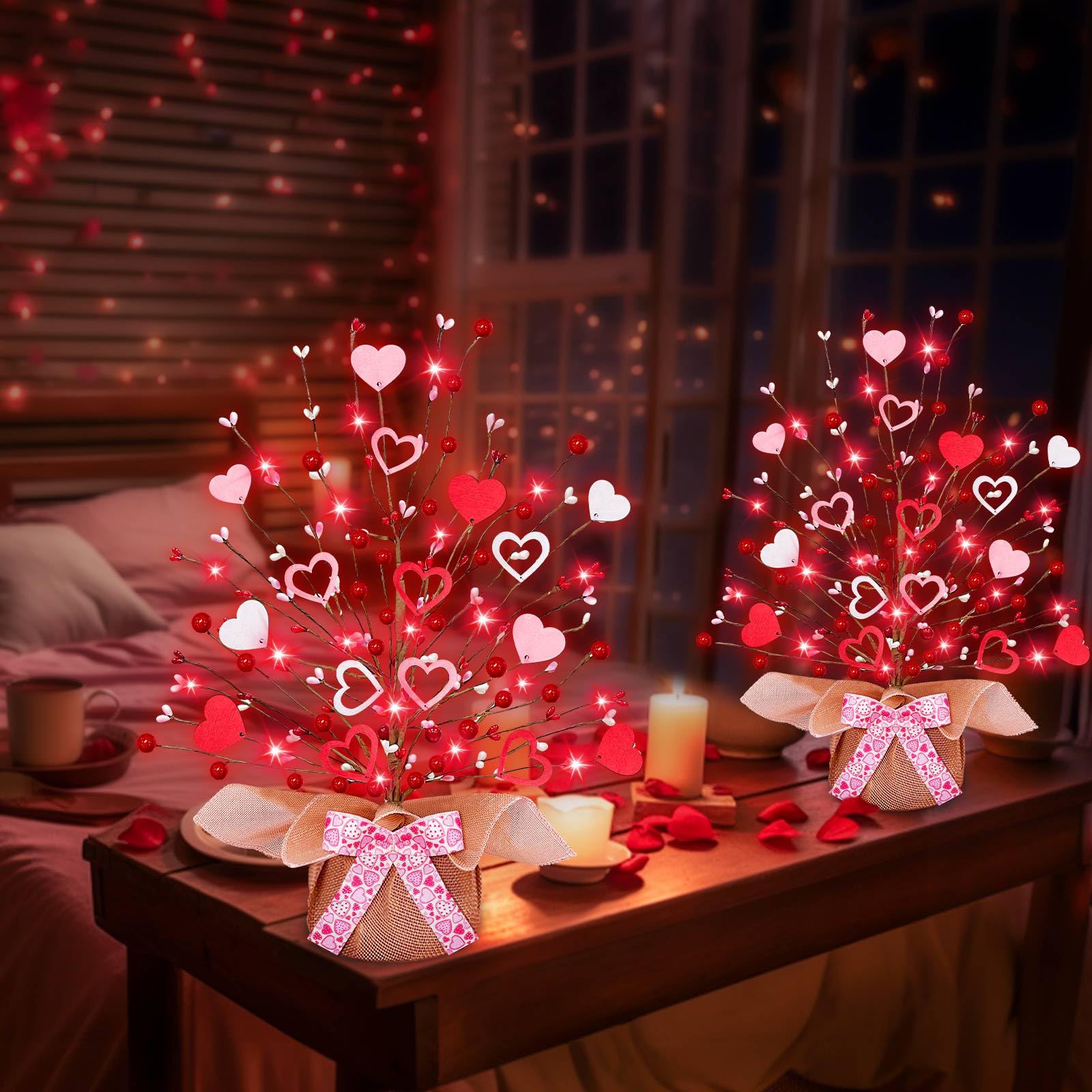 TURNMEON 2 Pack Valentine's Day Tree Tabletop Decorations 20 Red Lights Battery Operated 16 Inch 14 Red Pink Heart 32 Red Berries Valentines Decorations Home Table Bedroom Indoor Party Wedding Decor