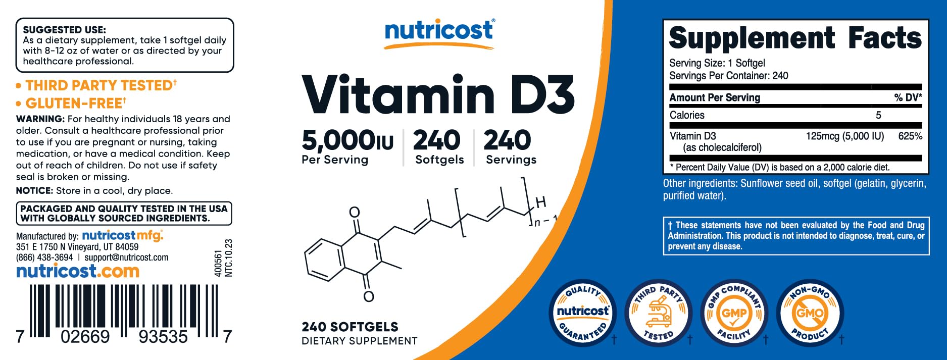 Nutricost Vitamin D3 5,000 IU, 240 Softgels - Non-GMO and Gluten Free Vitamin D